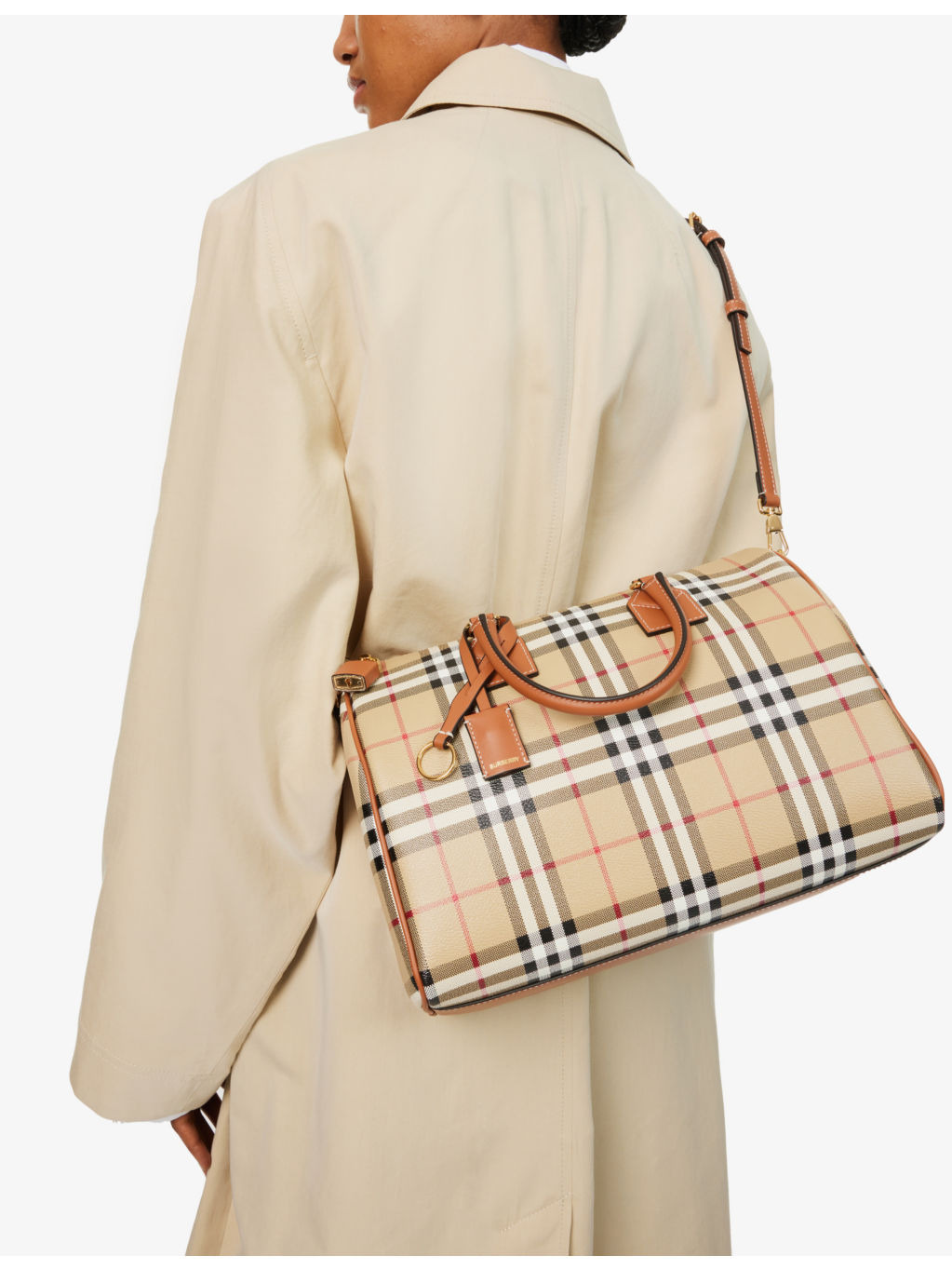 Check-print medium faux-leather bowling bag - 3