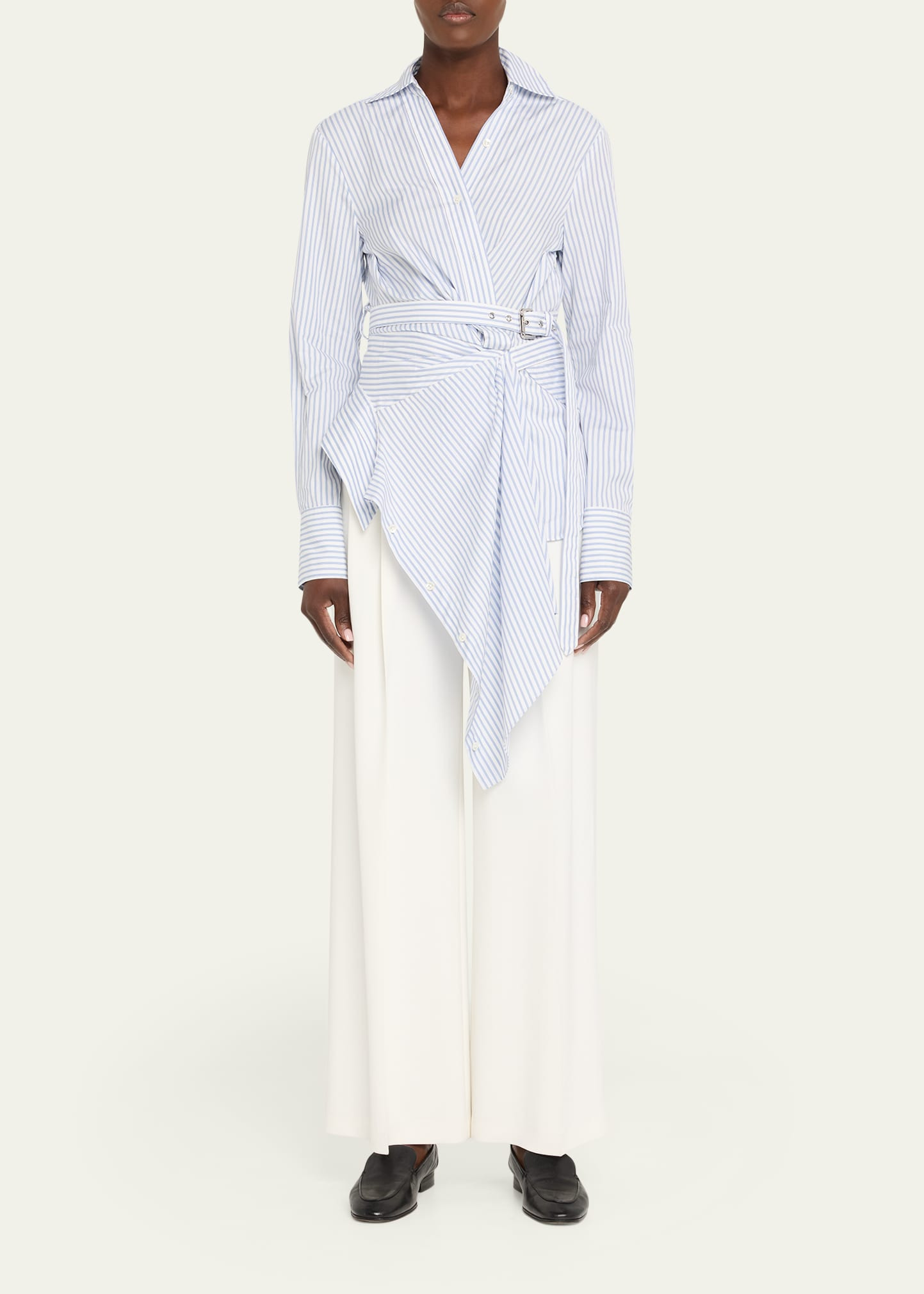 Striped Belted Asymmetric Wrap Blouse - 2