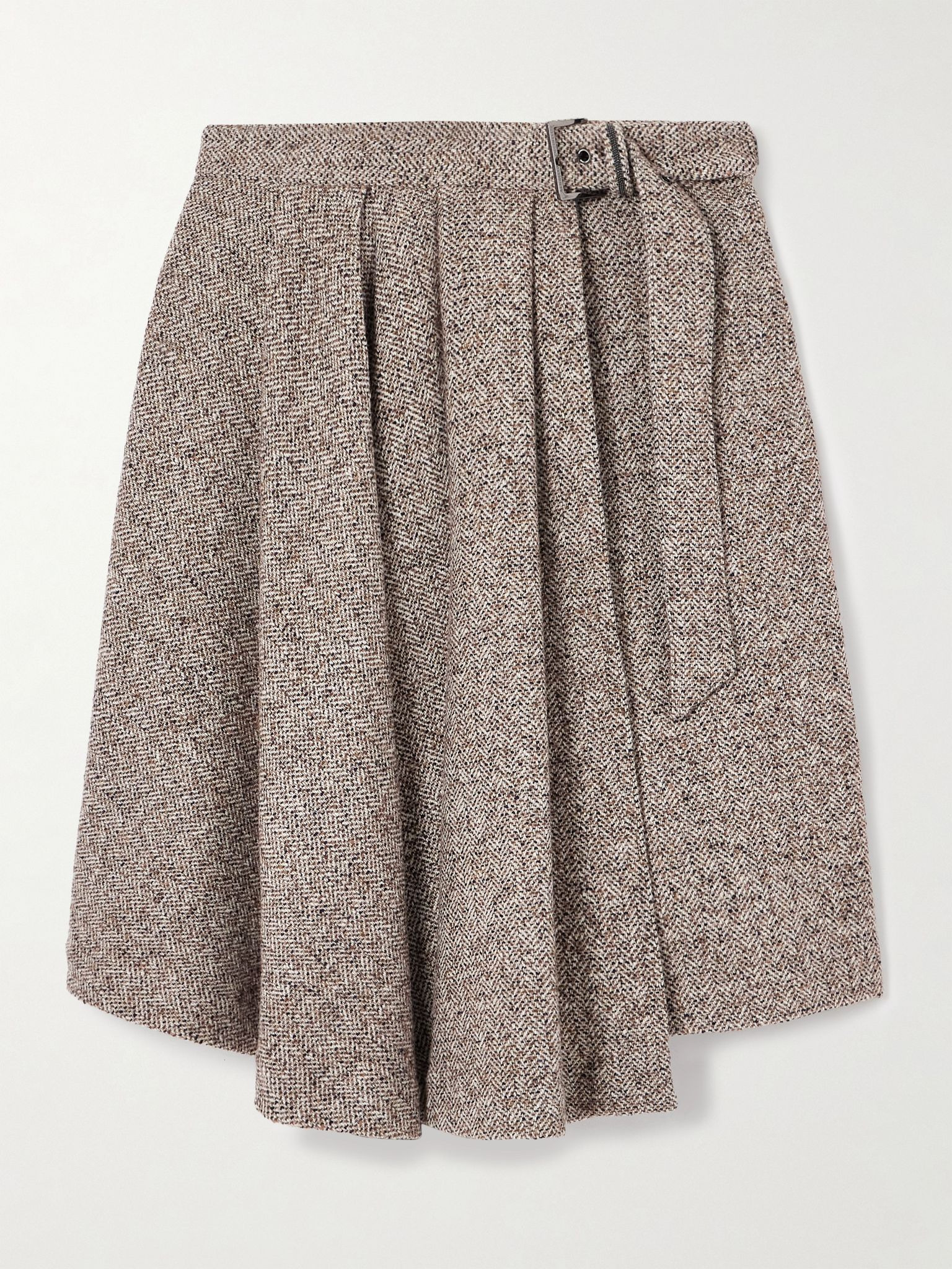 Belted asymmetric pleated bead-embellished wool-blend wrap skirt Beige - 1