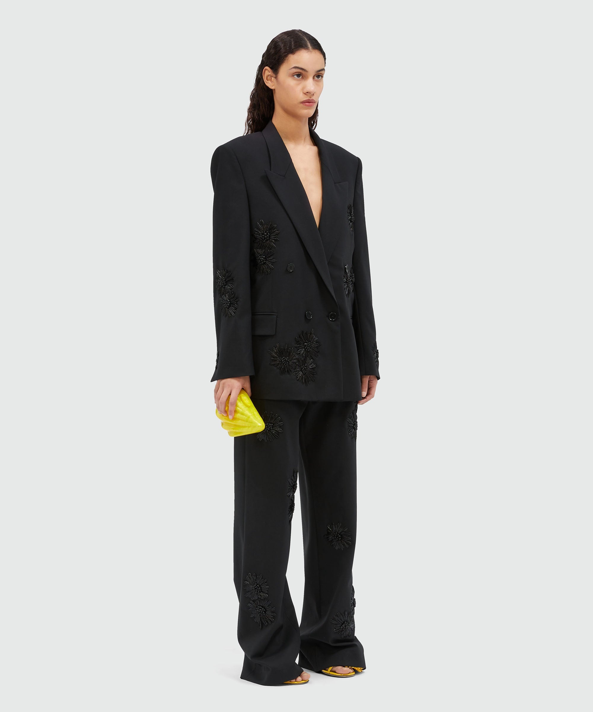 Double-breasted jacket in fresco wool with raffia flowers - 4