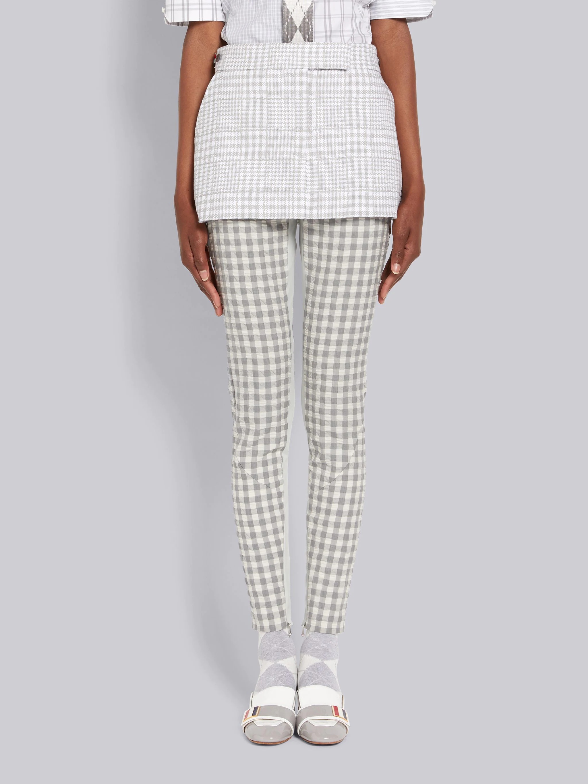 Medium Grey Large Gingham Summer Tweed Micro Mini Sack Skirt - 1