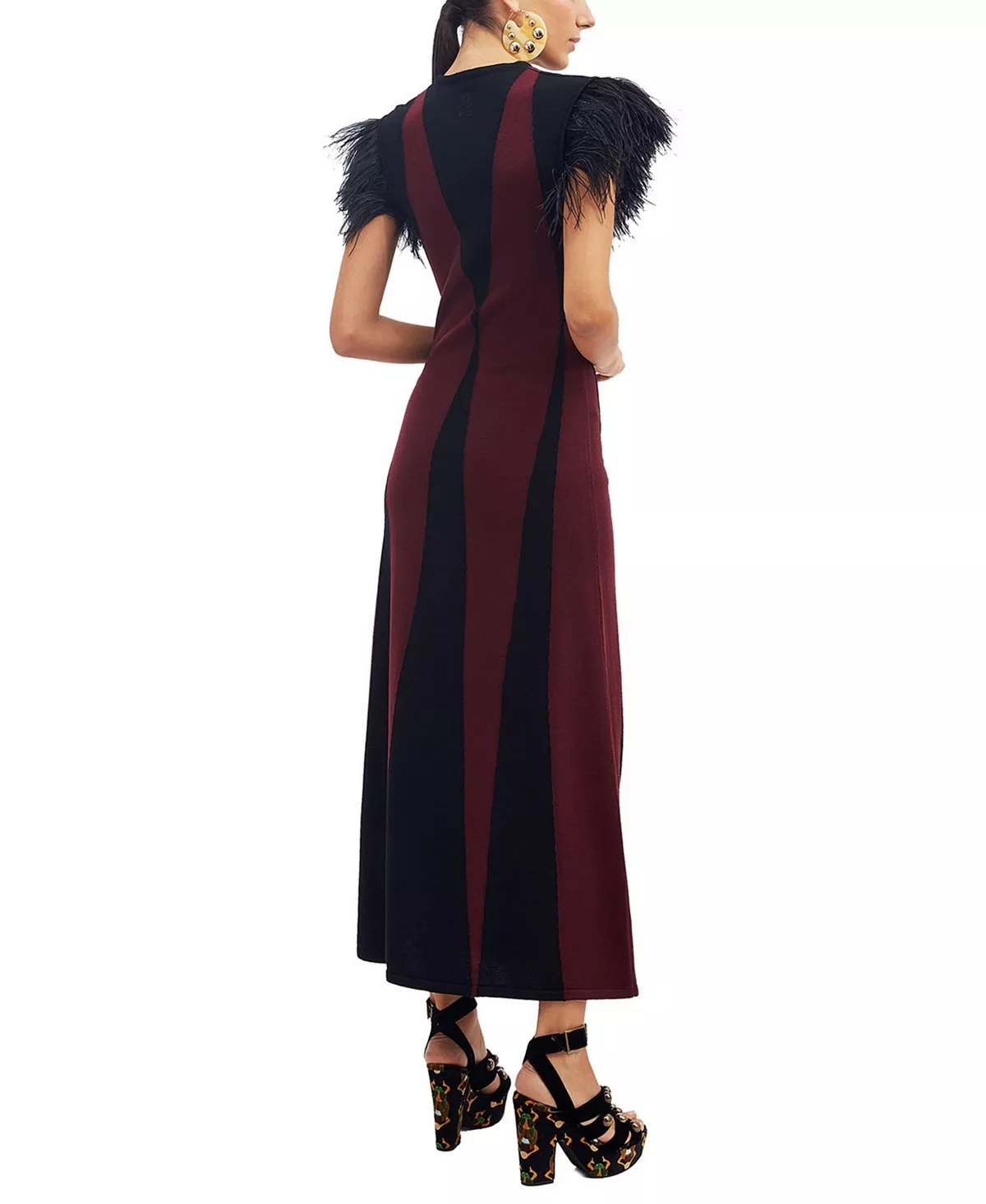 Harlequin Sleeveless Dress in Bordeux/Nero Bordeaux with feathers - 2
