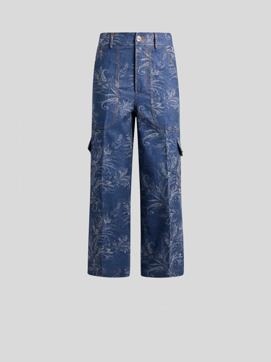 CROPPED COTTON AND LINEN JACQUARD DENIM JEANS WITH LEAFY PAISLEY MOTIF - 1