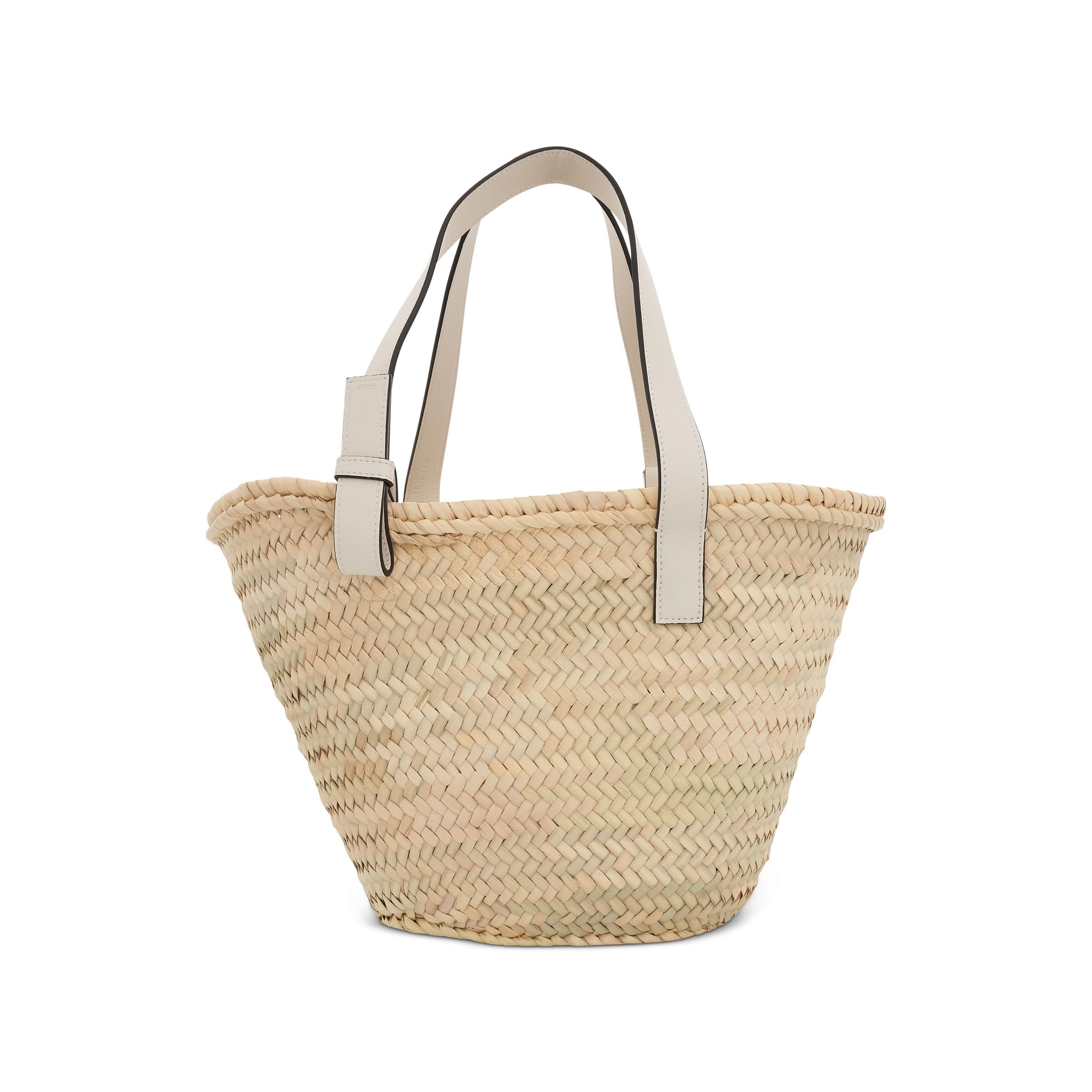 Medium Palm Leaf and Calfskin Basket Bag in Natural/White - 3