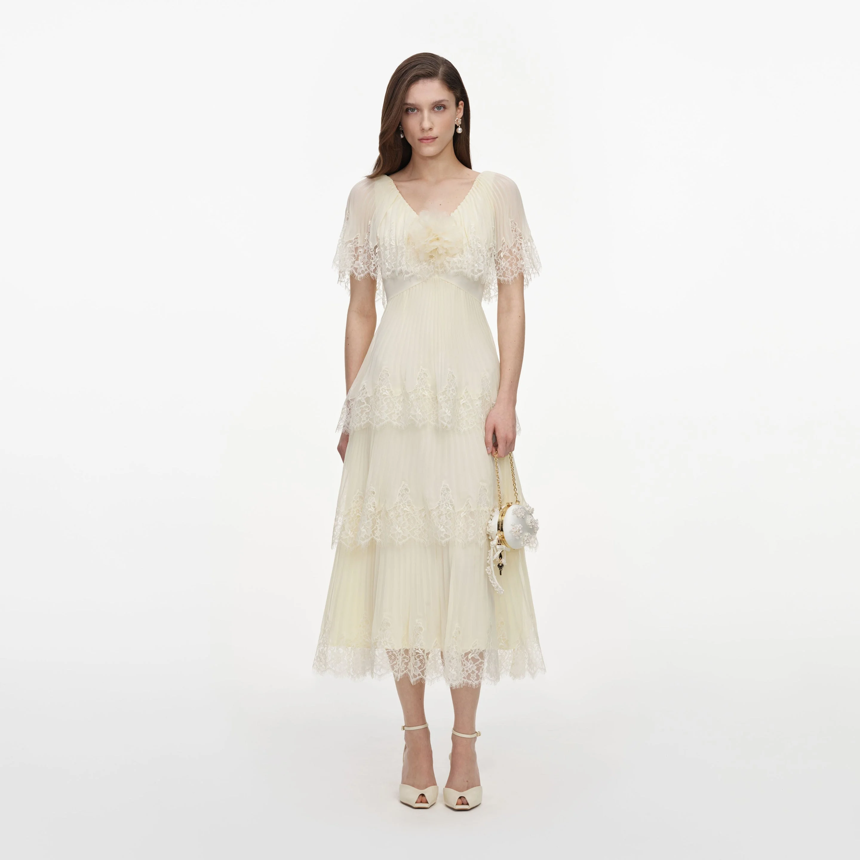 Yellow Chiffon Tiered Midi Dress - 1