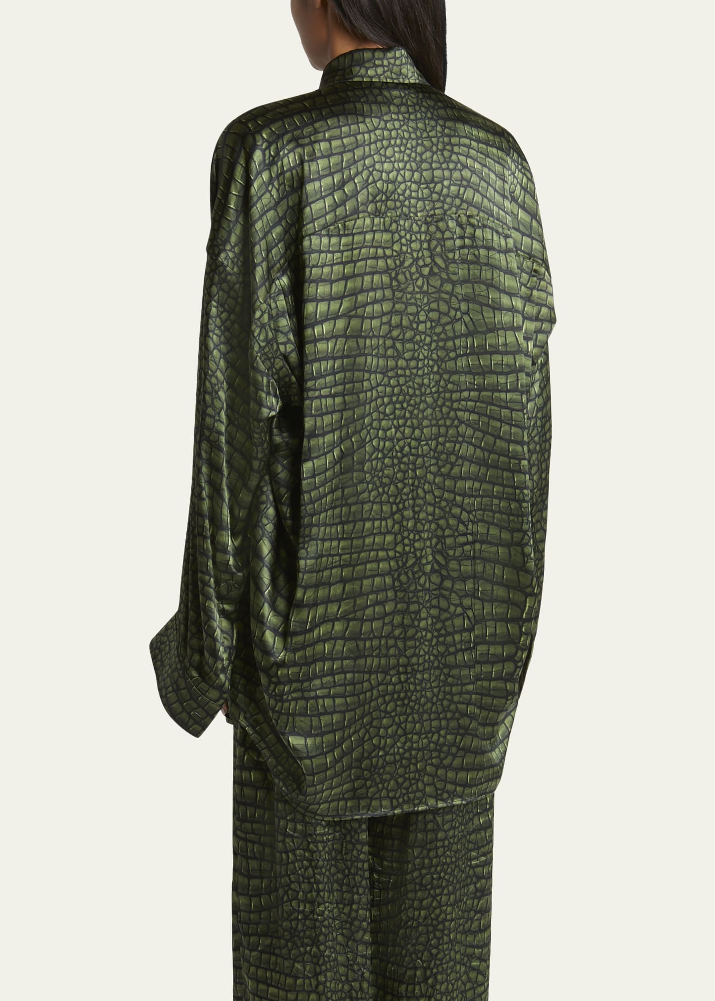 Crocodile Print Satin Button Down Cocoon Blouse - 3