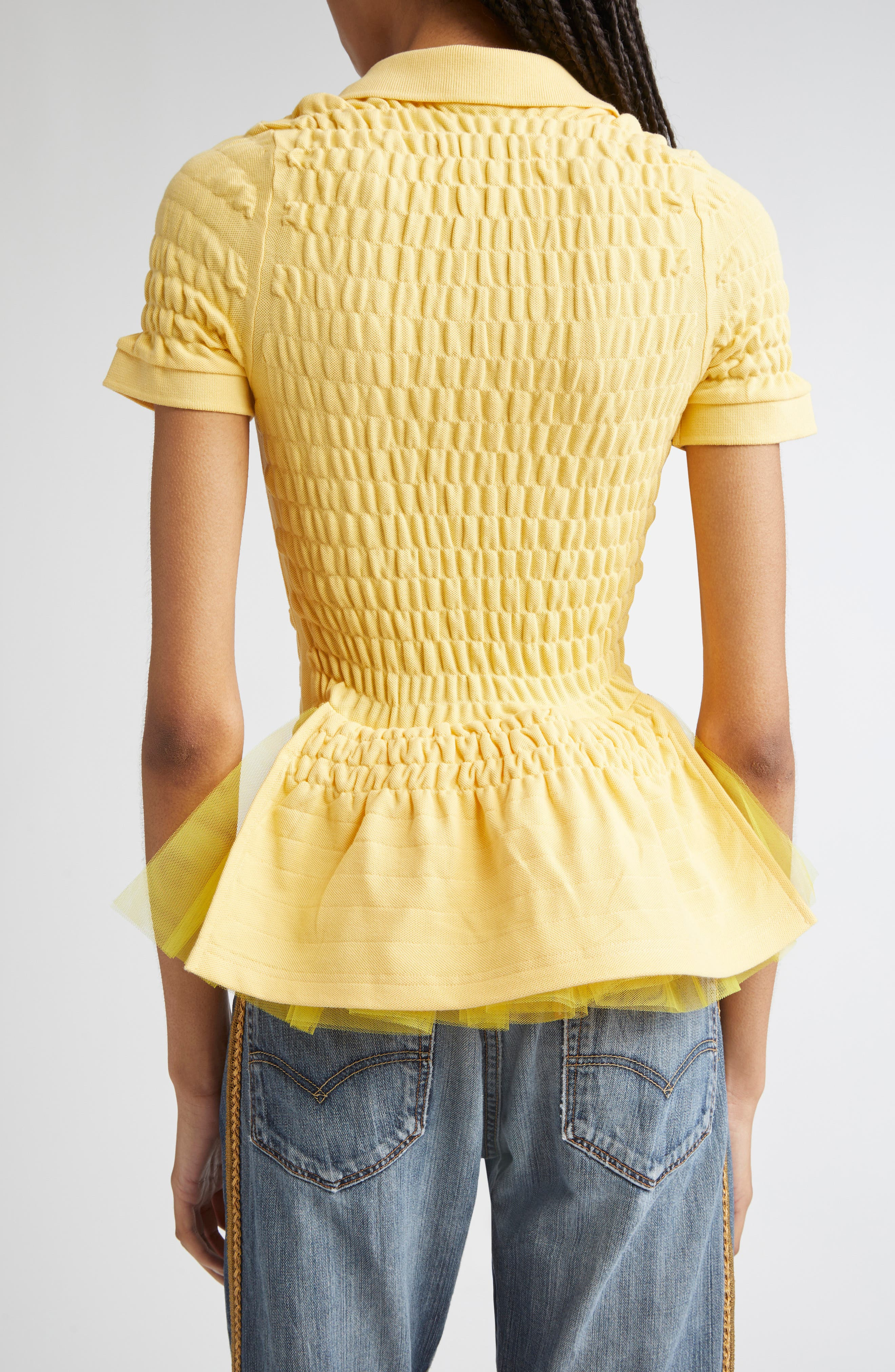 CONNER IVES Shirred Organic Cotton Piqué Bustle Polo in Yellow at Nordstrom - 3