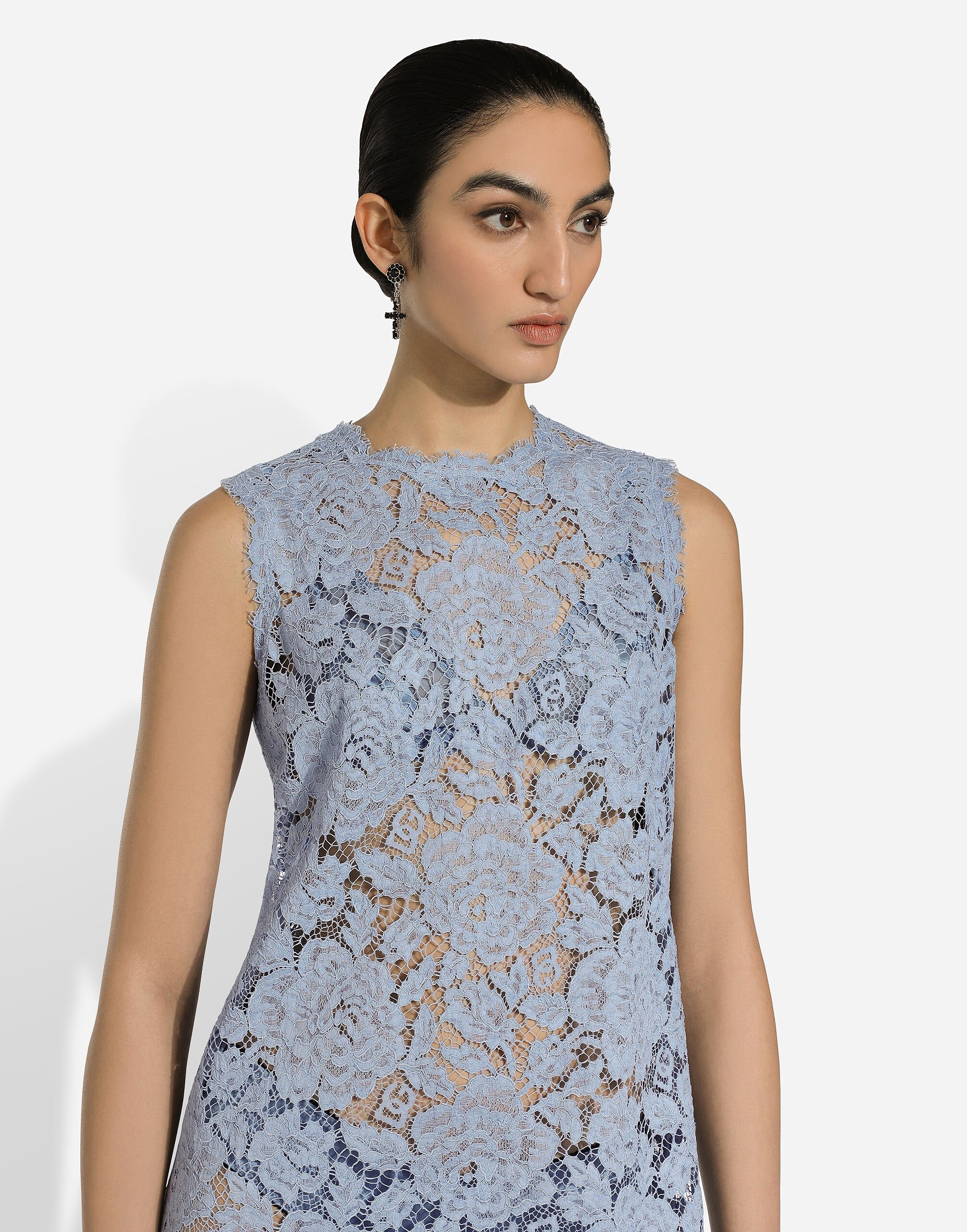 Sleeveless floral lace A-line dress with DG logo - 5
