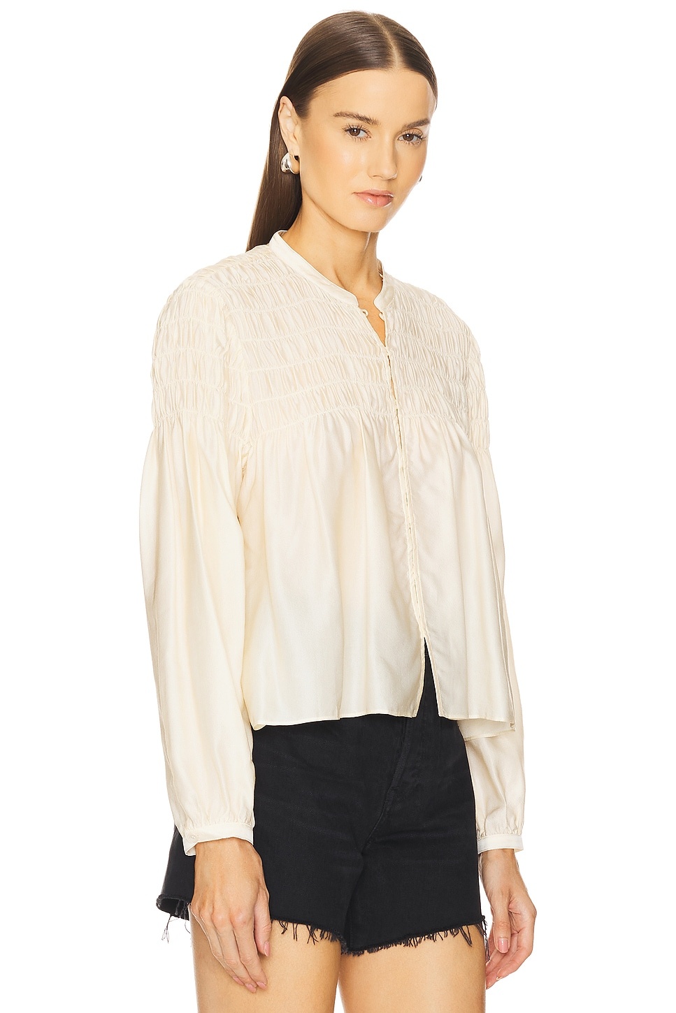 Smocked Collarless Blouse - 2