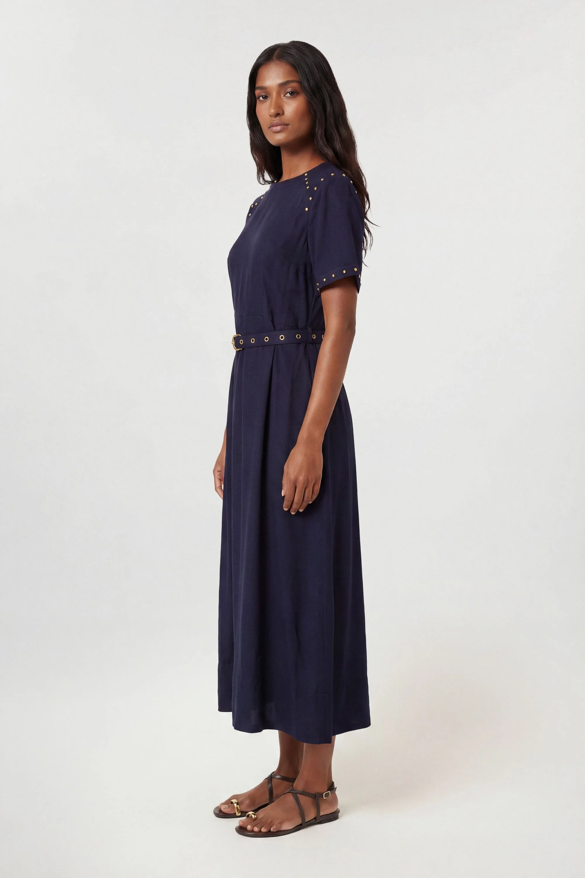 Petite Premium Viscose Linen Woven Midi Dress With Stud Detail - 1