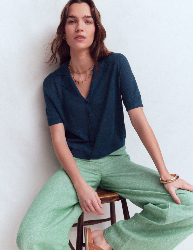 Agnes Collar Linen Cardigan-Navy - 1