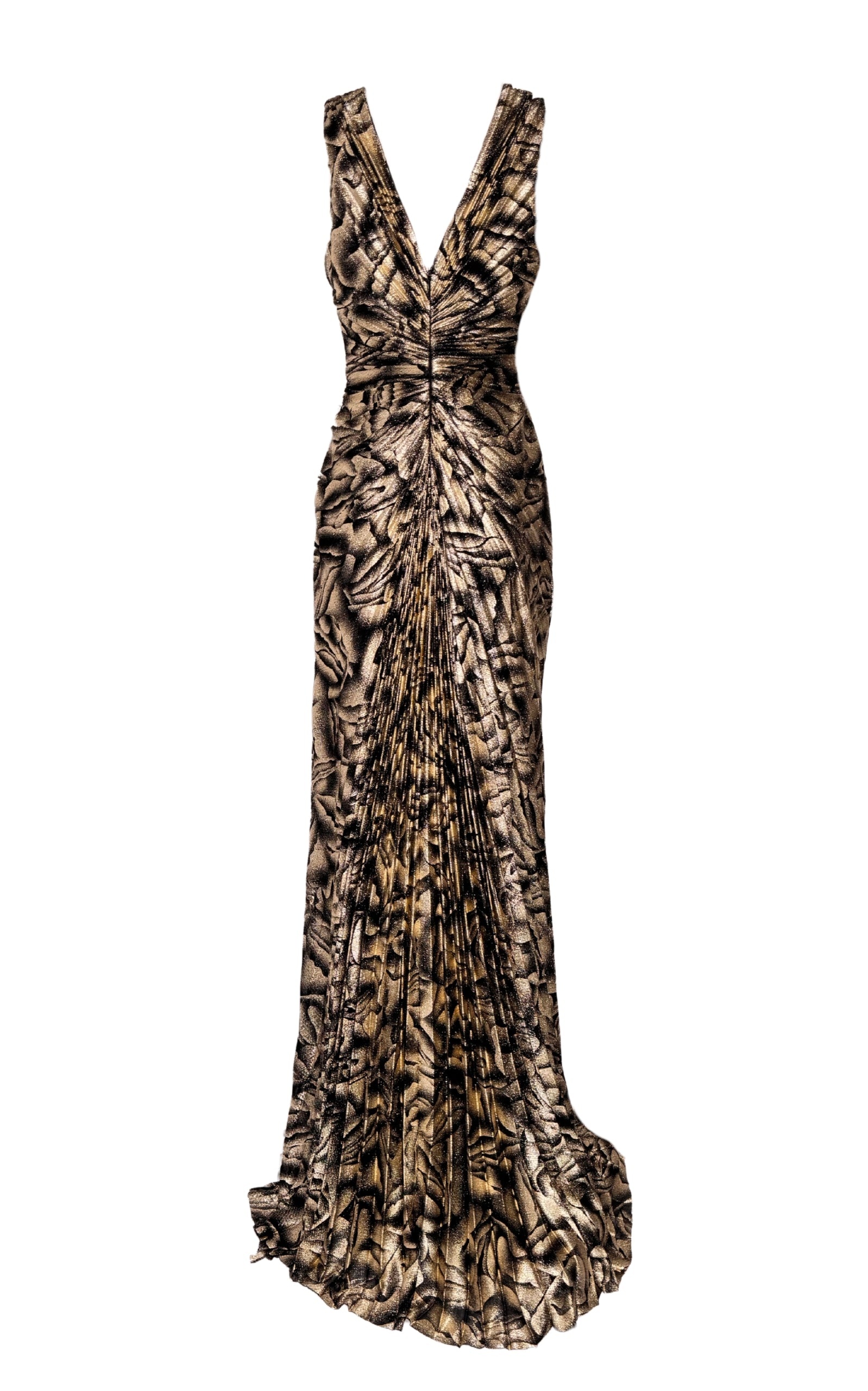 Cult Moda - Black Rose Print Gold Shimmer Pleated Prom Dress - 2