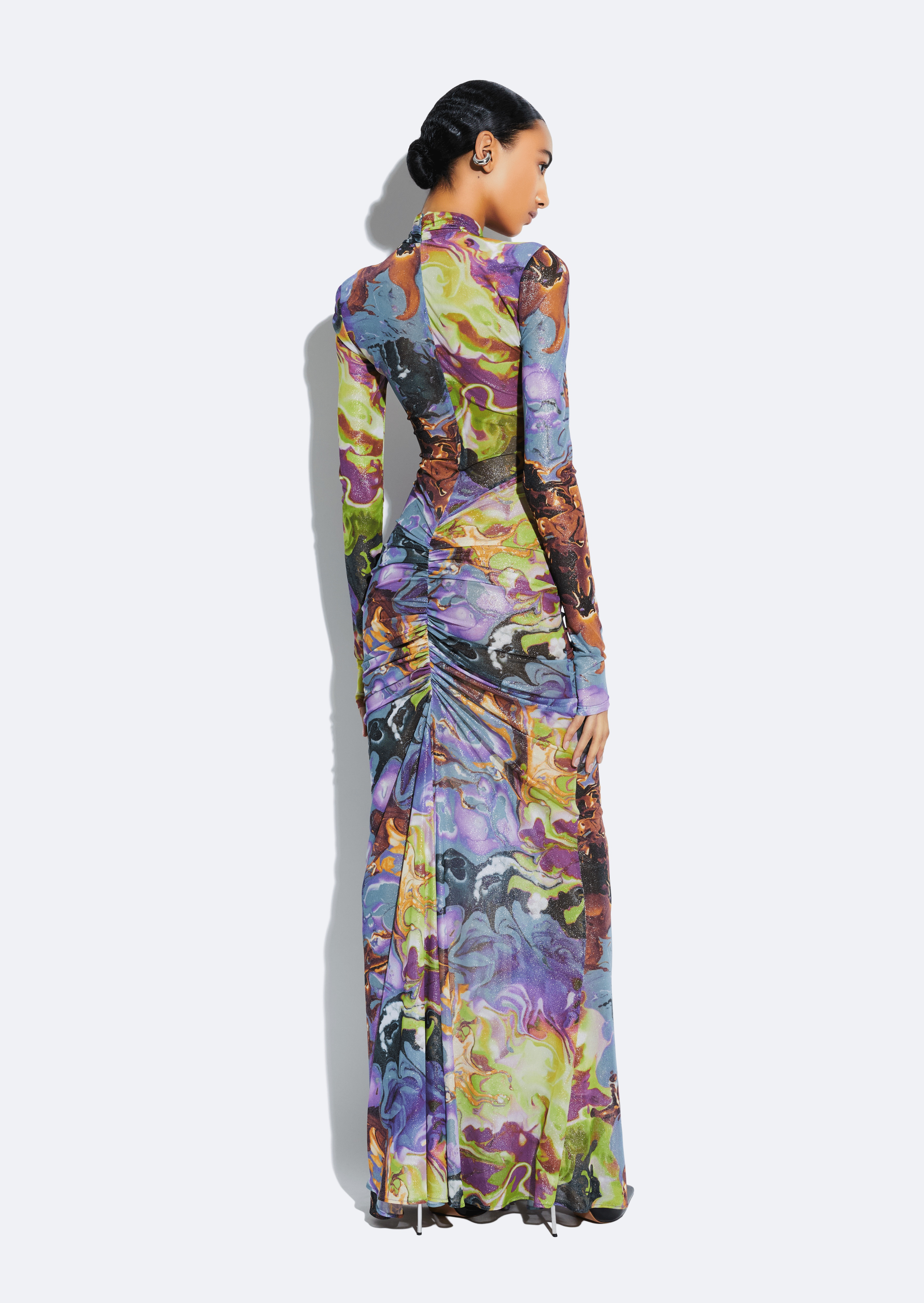 Printed Mesh Halter Ruched Gown - 4