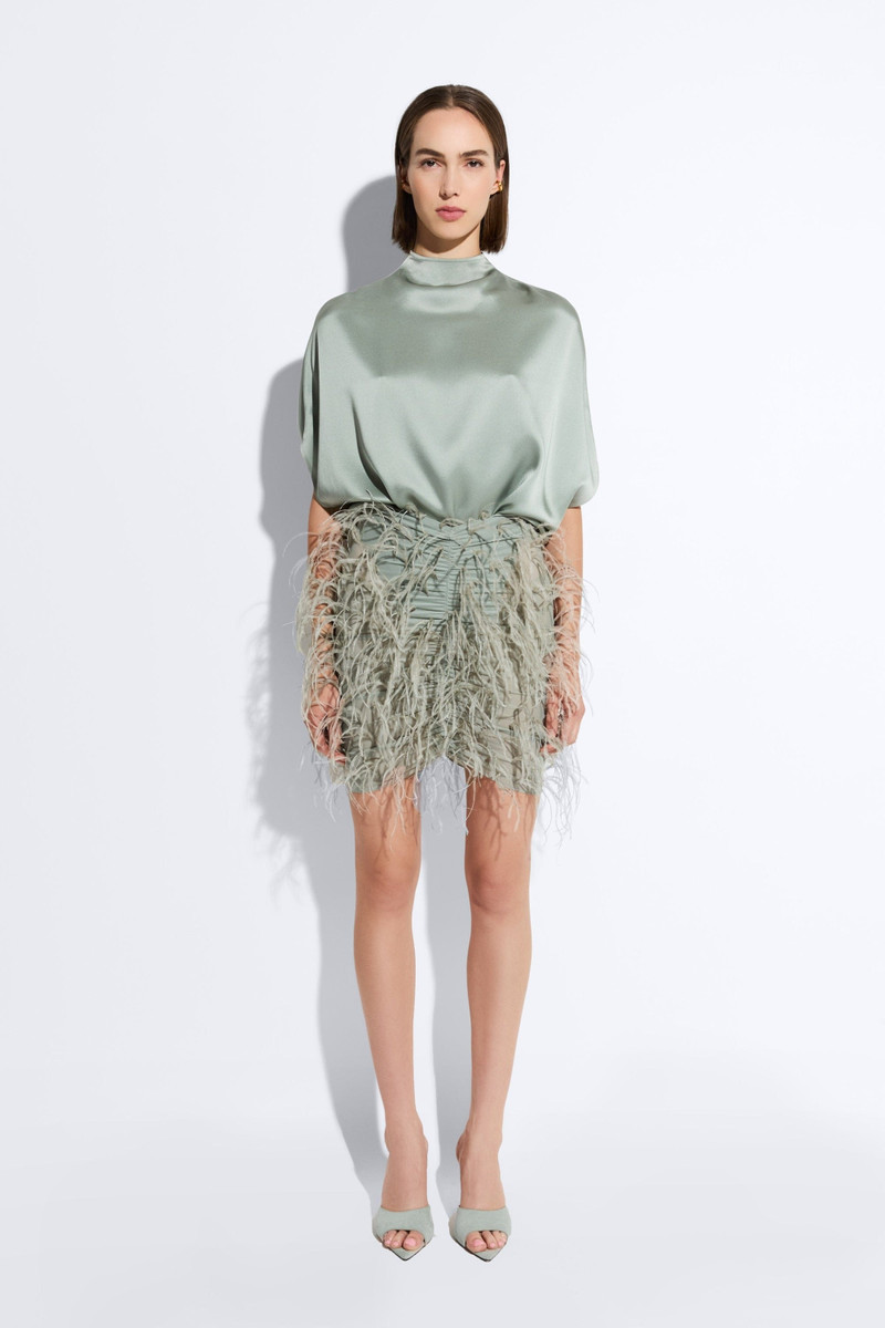LAPOINTE Mesh Ruched Mini Skirt With Feathers outlook
