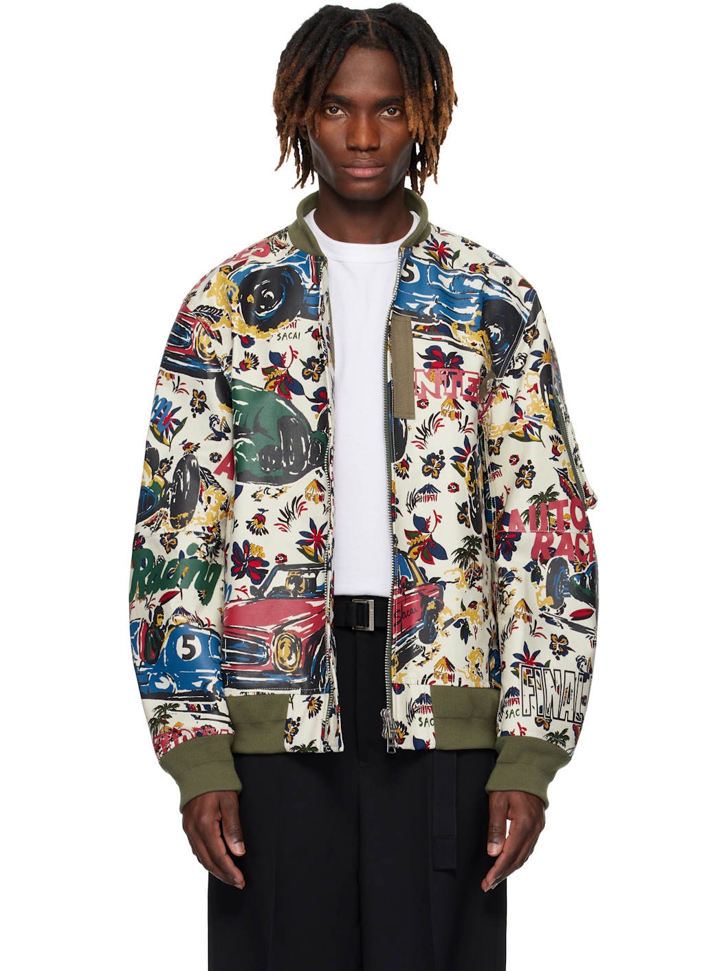 Multicolor Car Race Tropical Print Bomber Jacket - 1