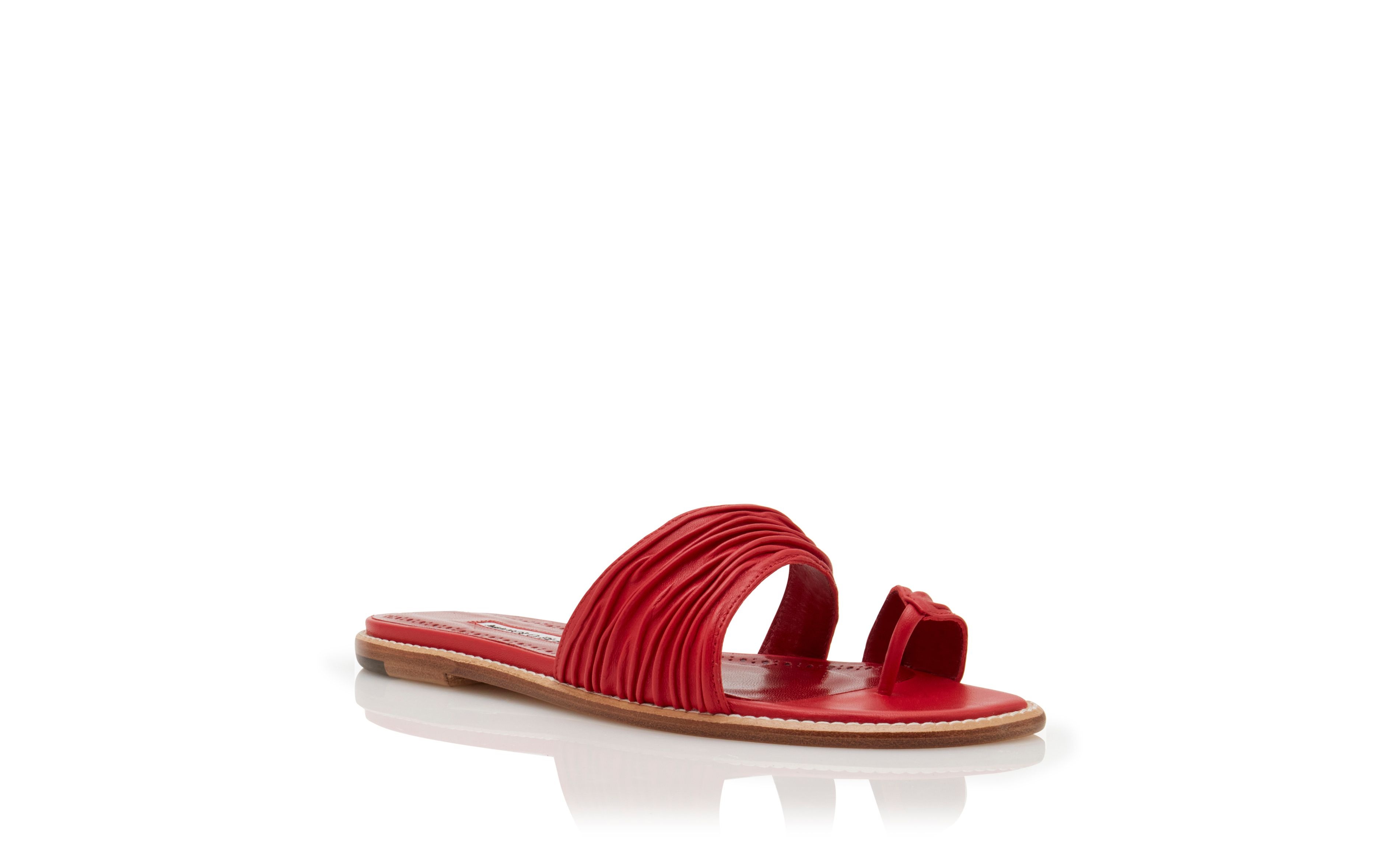 Red Nappa Leather Gathered Flat Sandals - 3