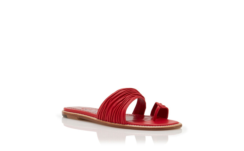 Red Nappa Leather Gathered Flat Sandals 3