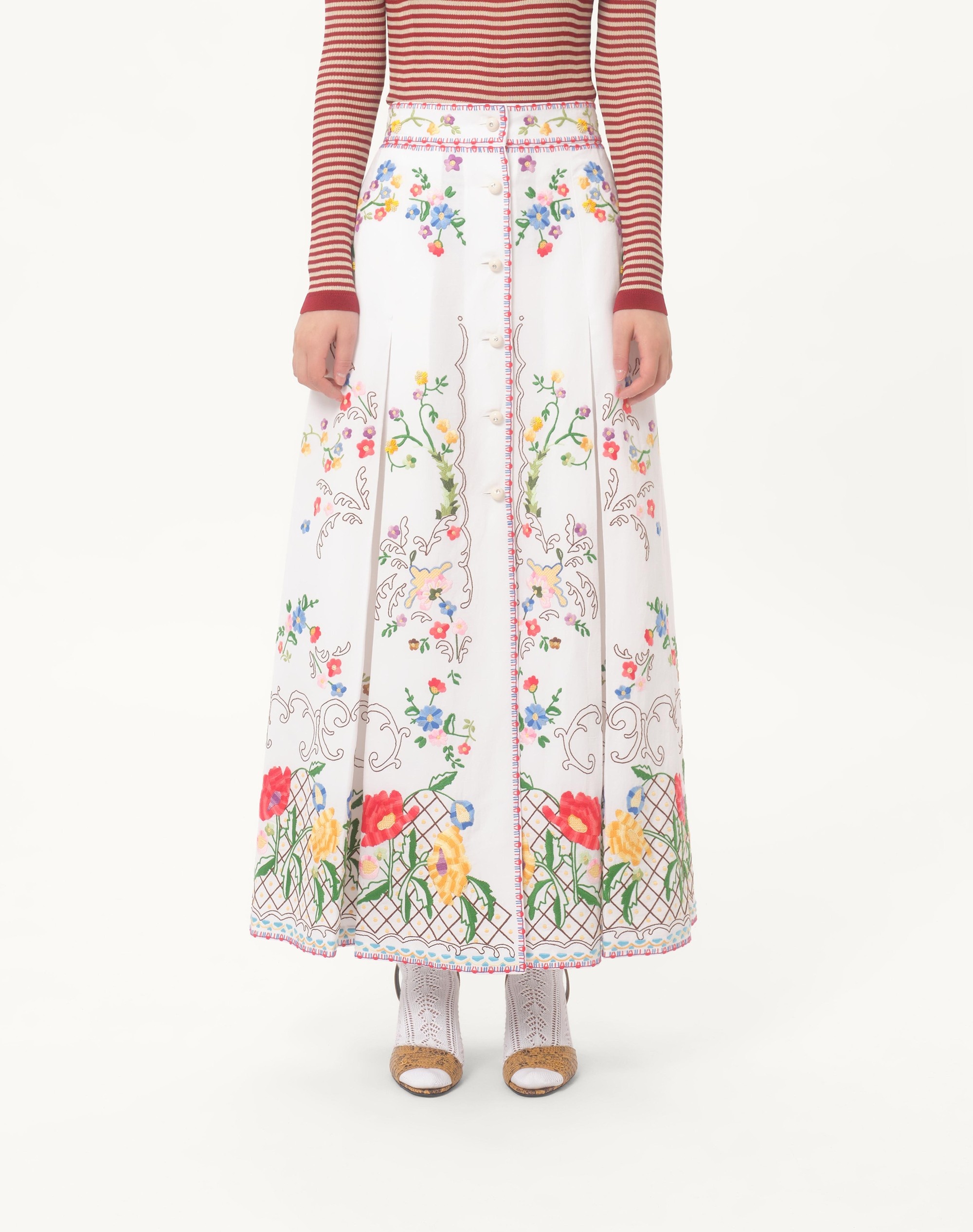 Valentino★素敵！White Pleated Eyelet Embroidery Midi Skirt Valentino Garavani Pleated Midi Skirt | White | FARFETCH
