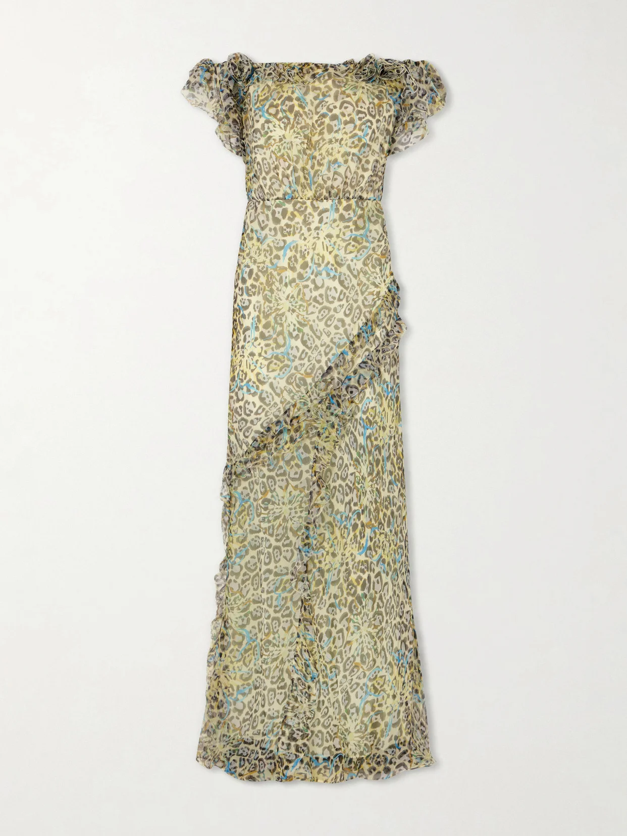 Nina Off-the-shoulder Ruffled Printed Silk Gown - 1