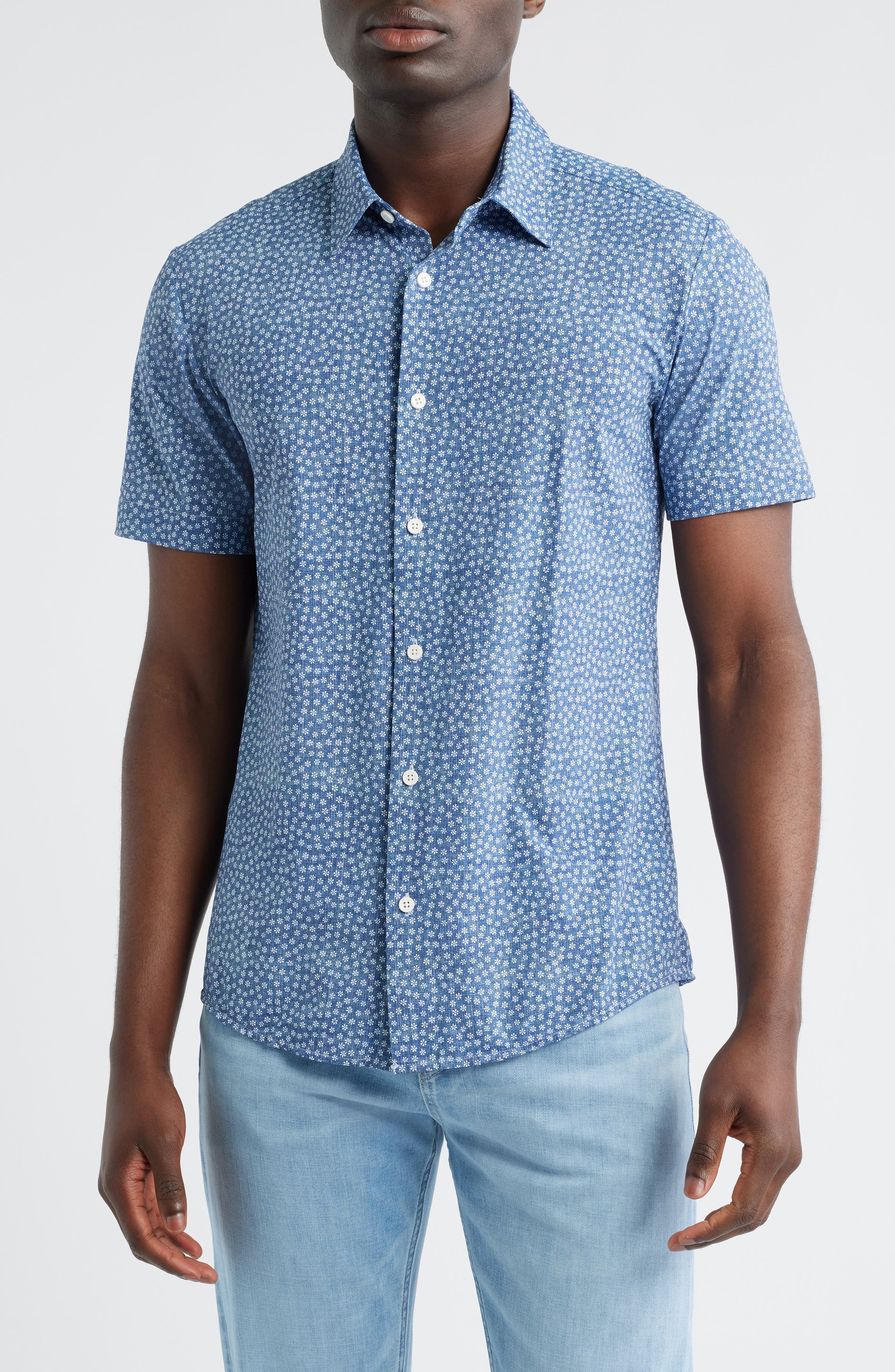 BOSS Roan Ken Short Sleeve Button-Up Shirt in Dark Blue at Nordstrom - 1