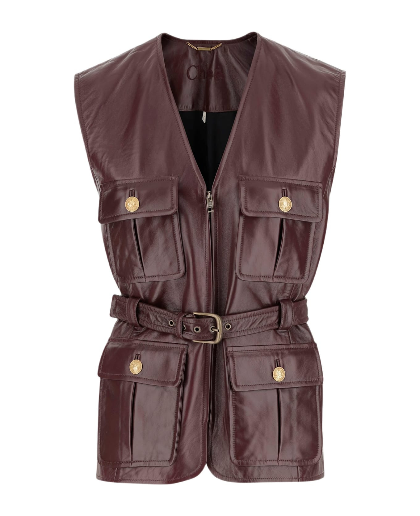 Leather Vest With Pockets And Belt - 1