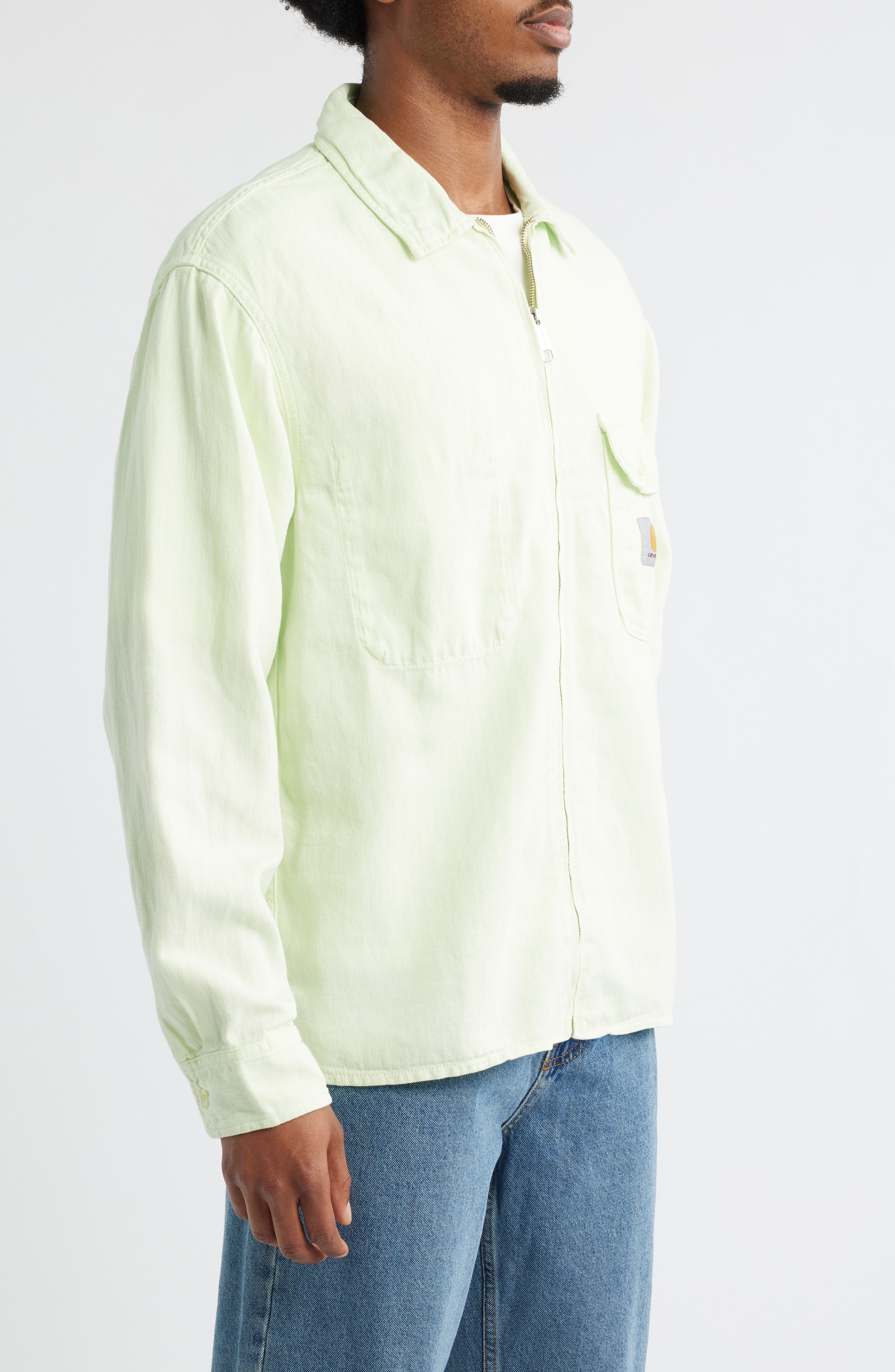 Carhartt Work In Progress Rainer Cotton & Linen Herringbone Zip Jacket in Air Green (Garment Dyed) a - 3