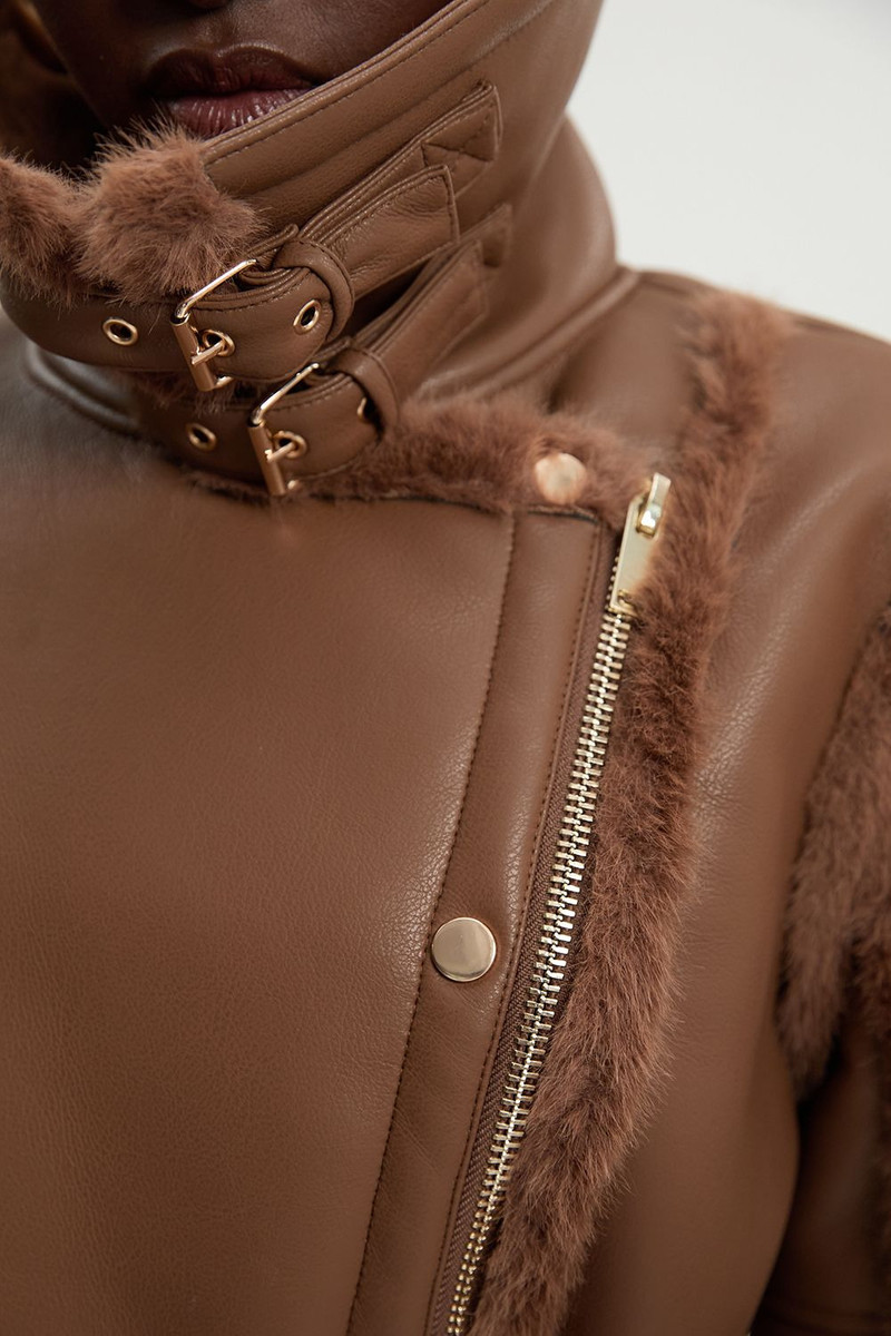 Faux Fur High Neck Belted Biker Coat 5