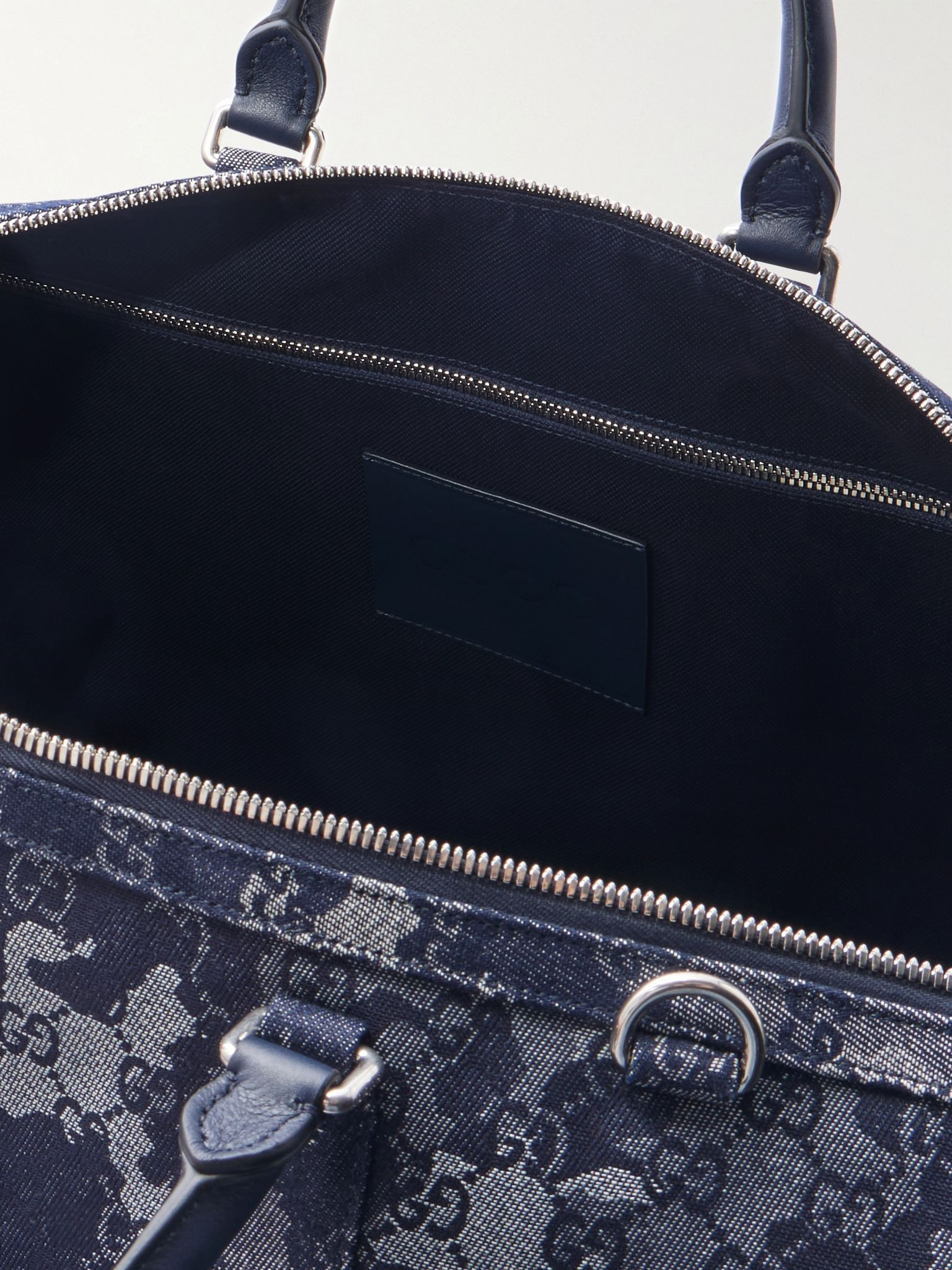 Leather-Trimmed Logo-Jacquard Denim Duffle Bag Navy - 5