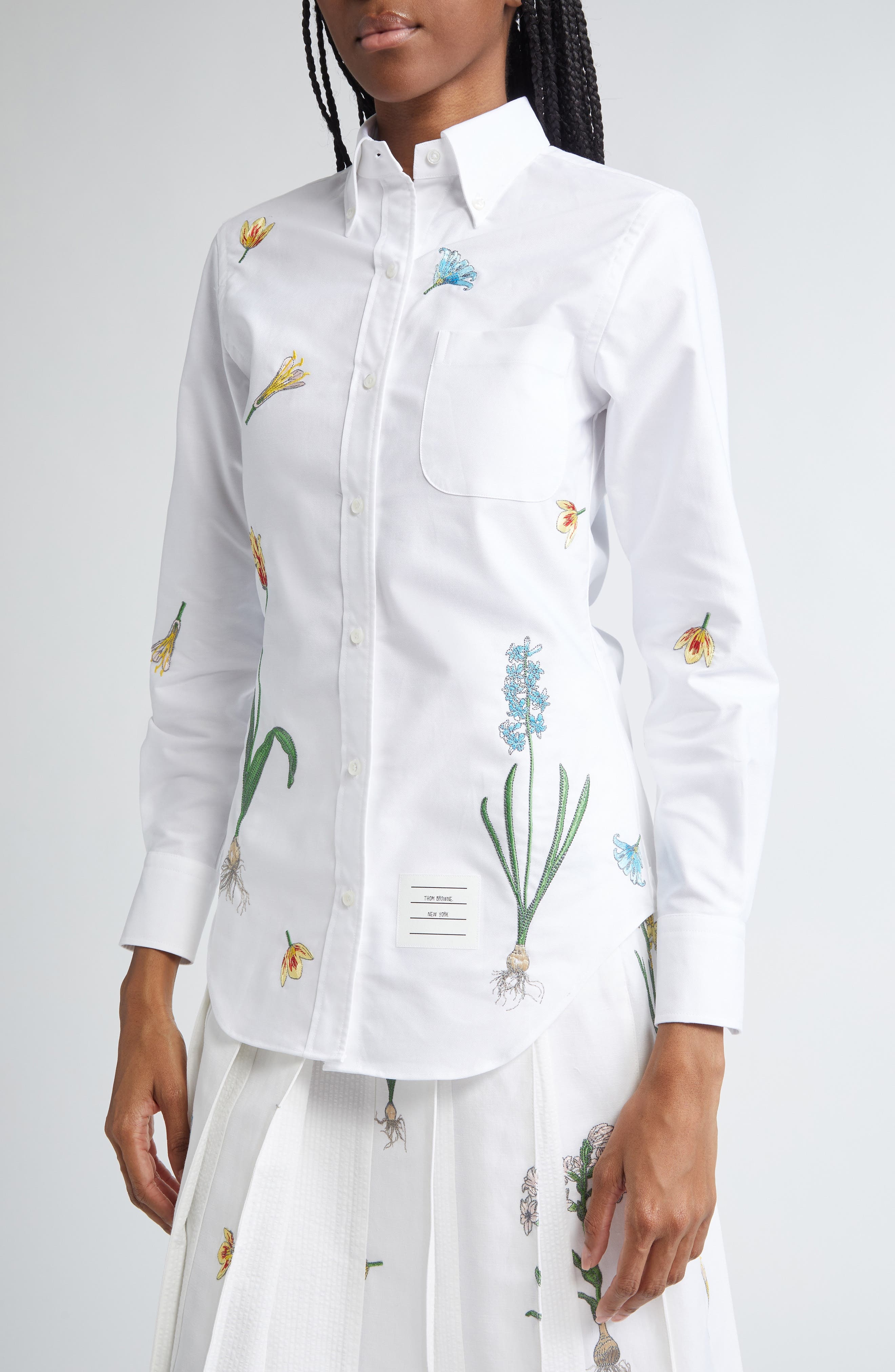 Thom Browne Floral Embroidered Cotton Button-Down Shirt in White at Nordstrom - 5