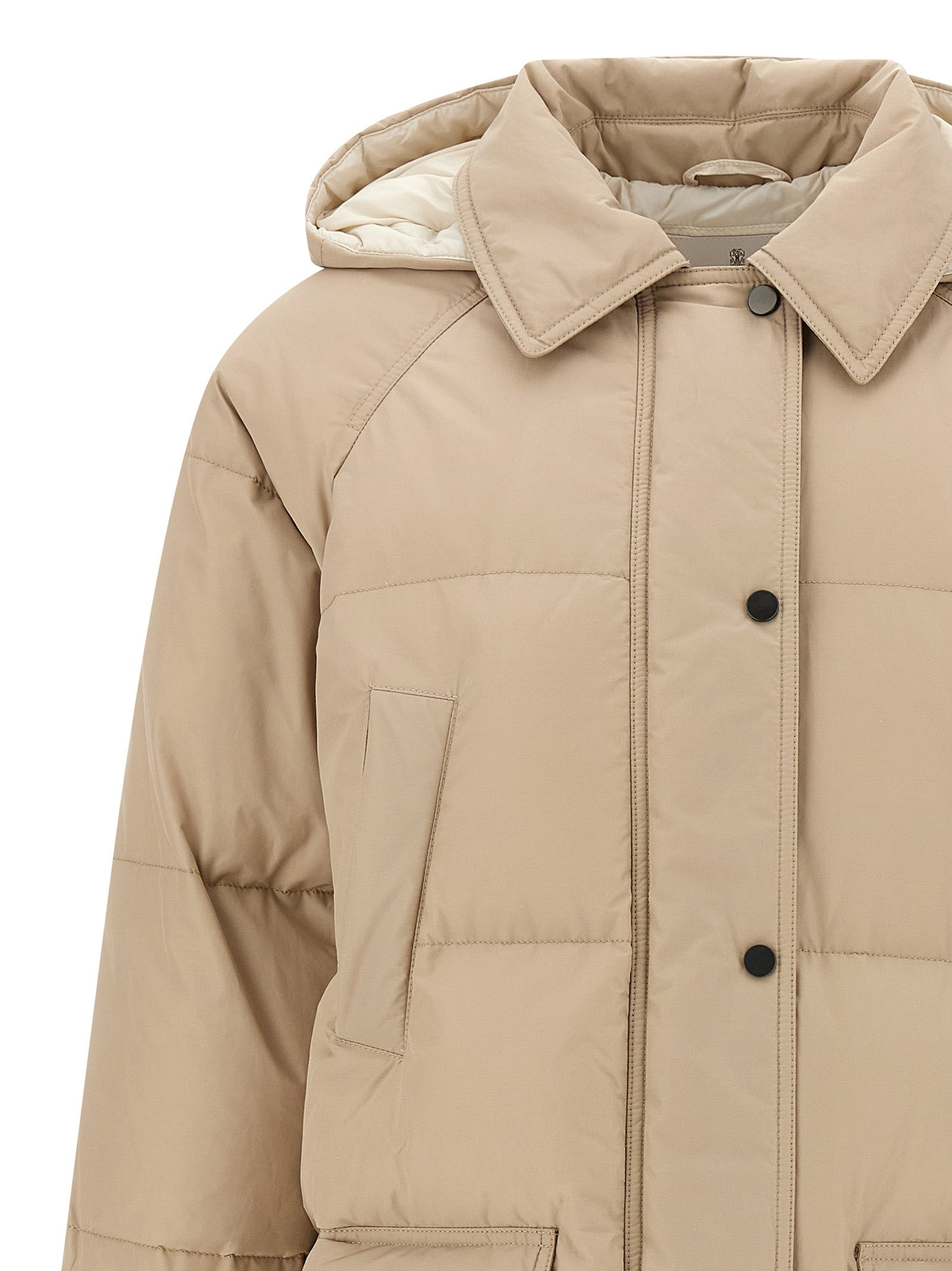 Shiny Zipper Pull Puffer Jackets Beige - 3