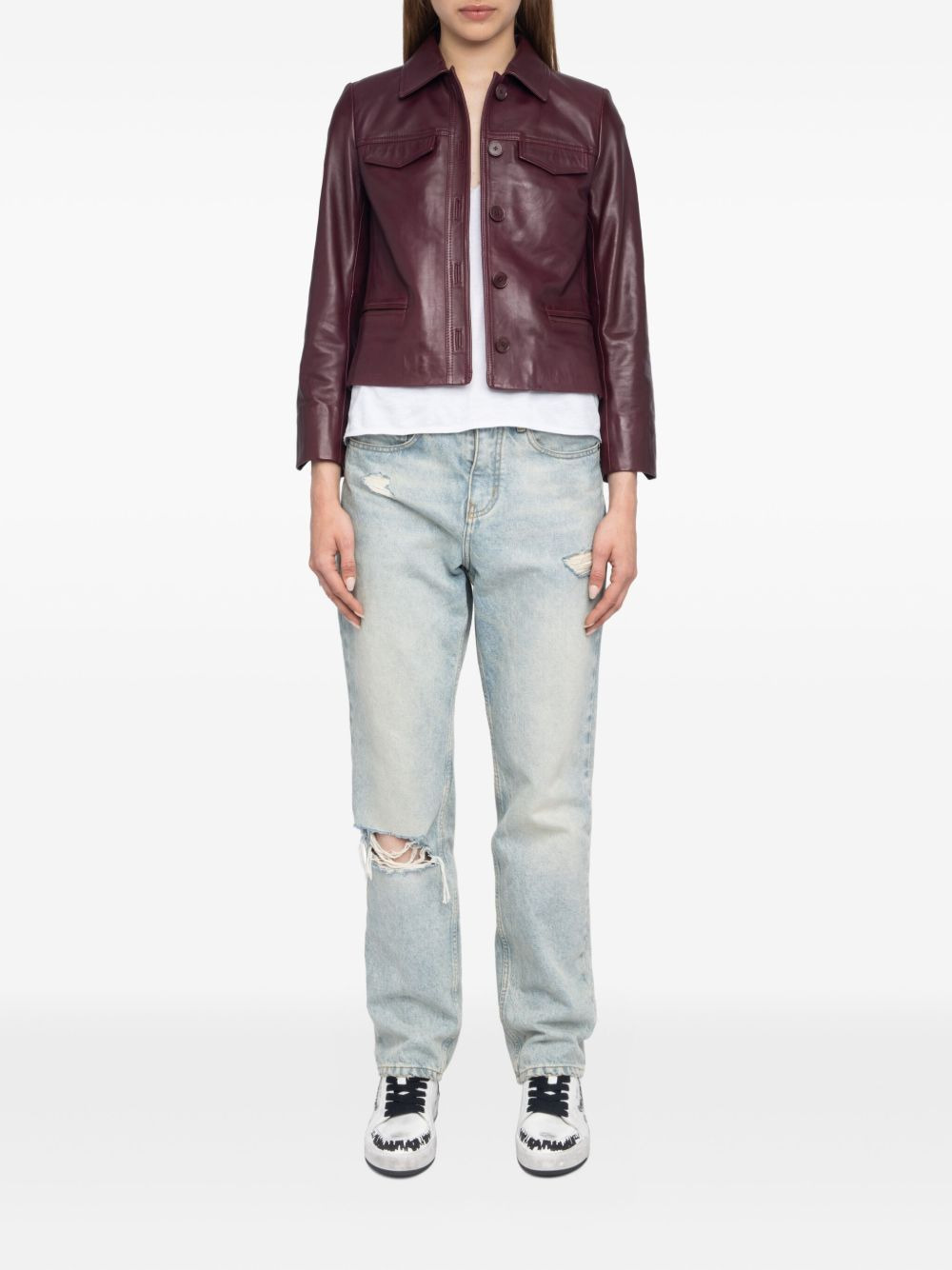 button-fastening flap-pocket leather jacket - 2