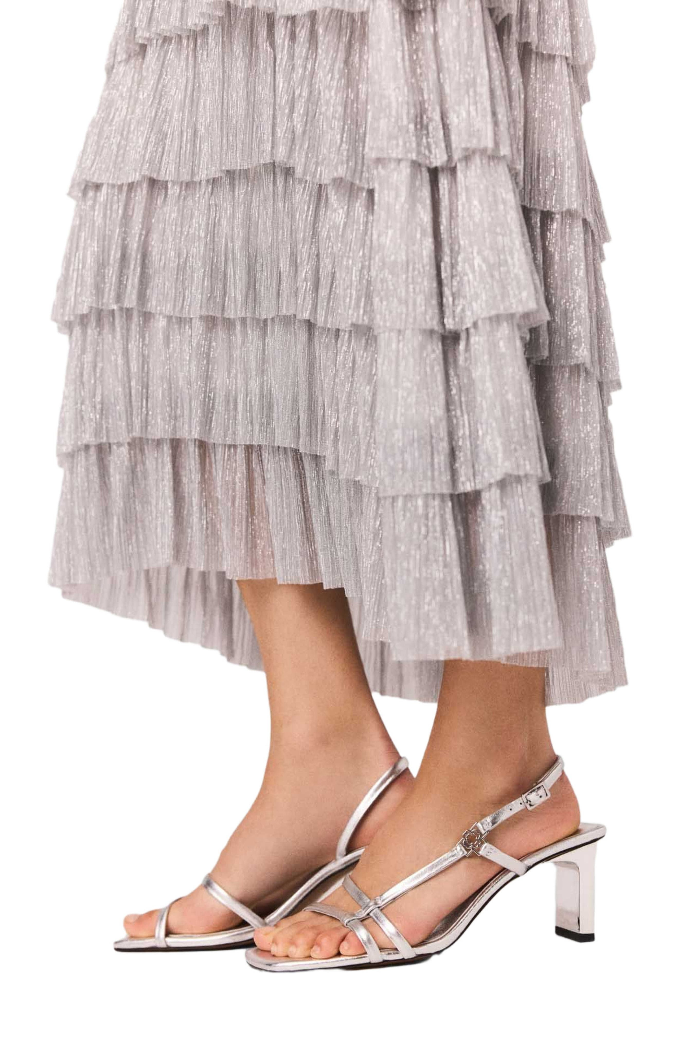 maje Metallic ruffled midi dress in Silver at Nordstrom - 6