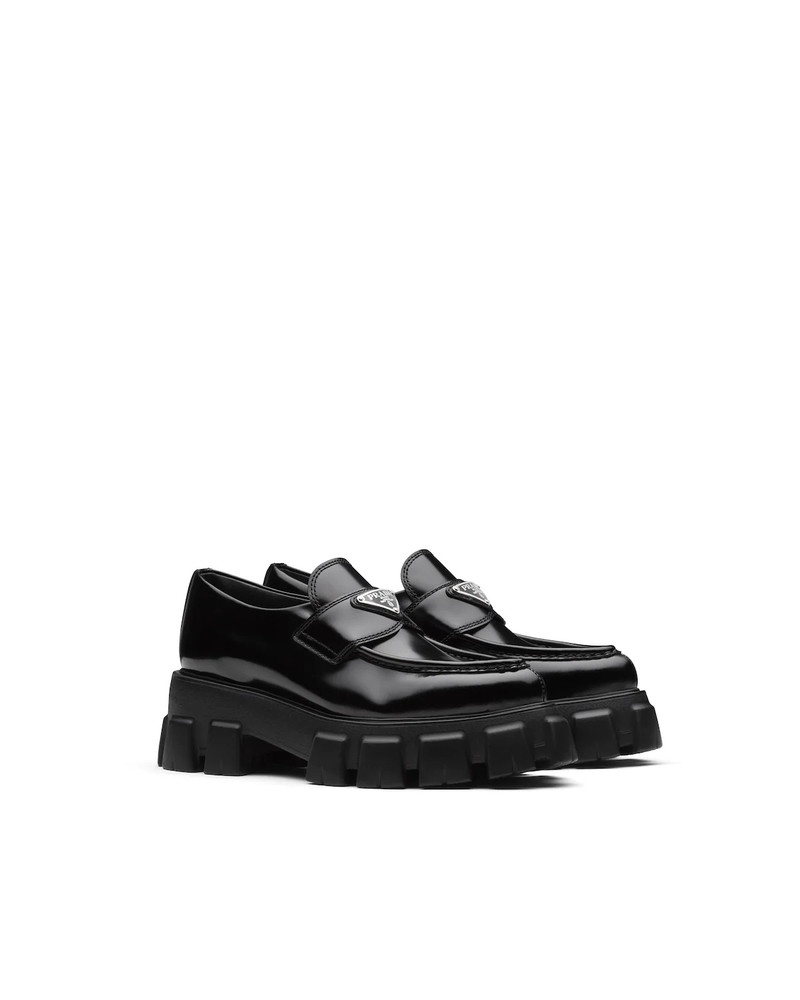 Prada Monolith pointy brushed leather loafers outlook