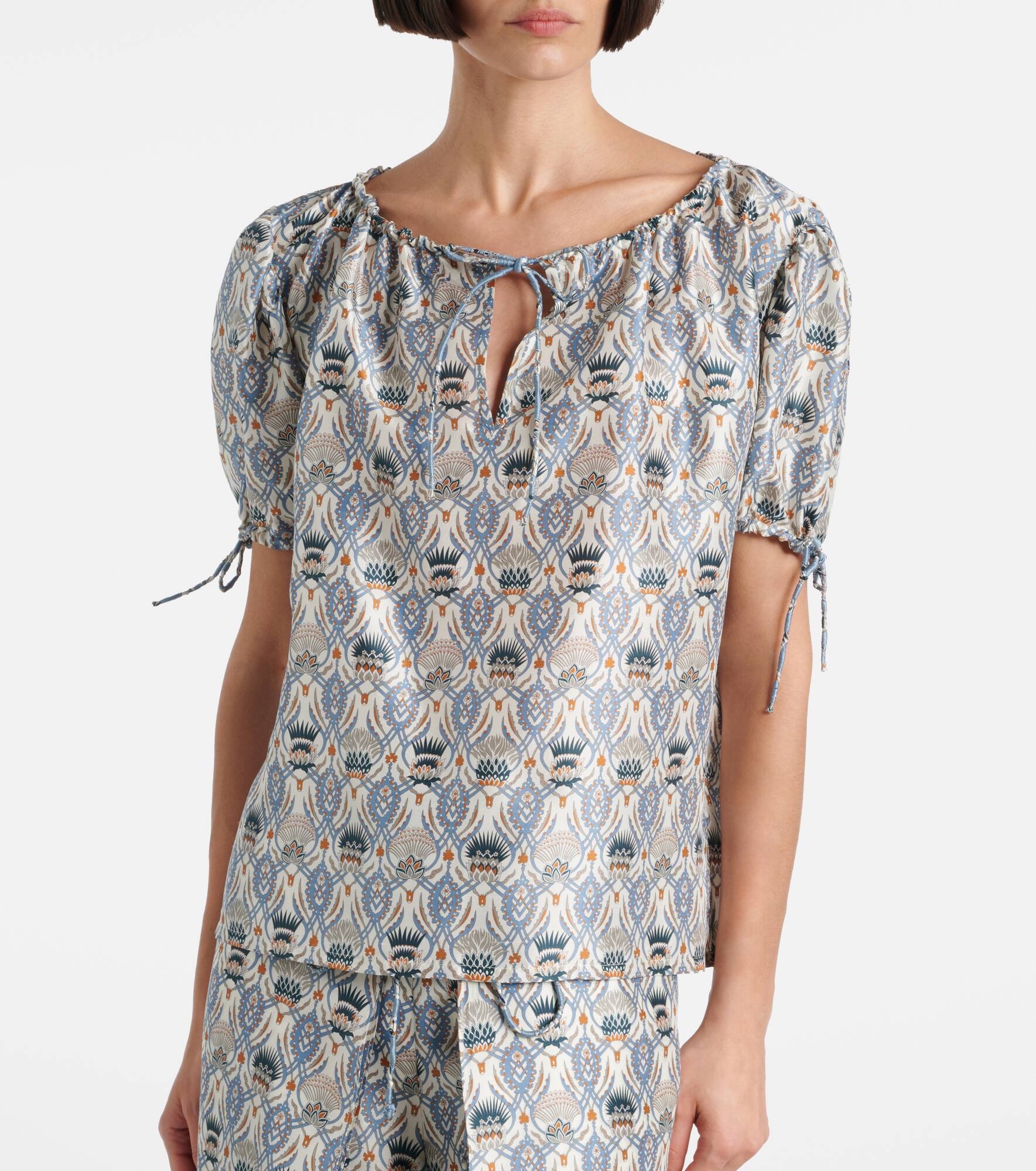 Rose printed puff-sleeve silk top - 5