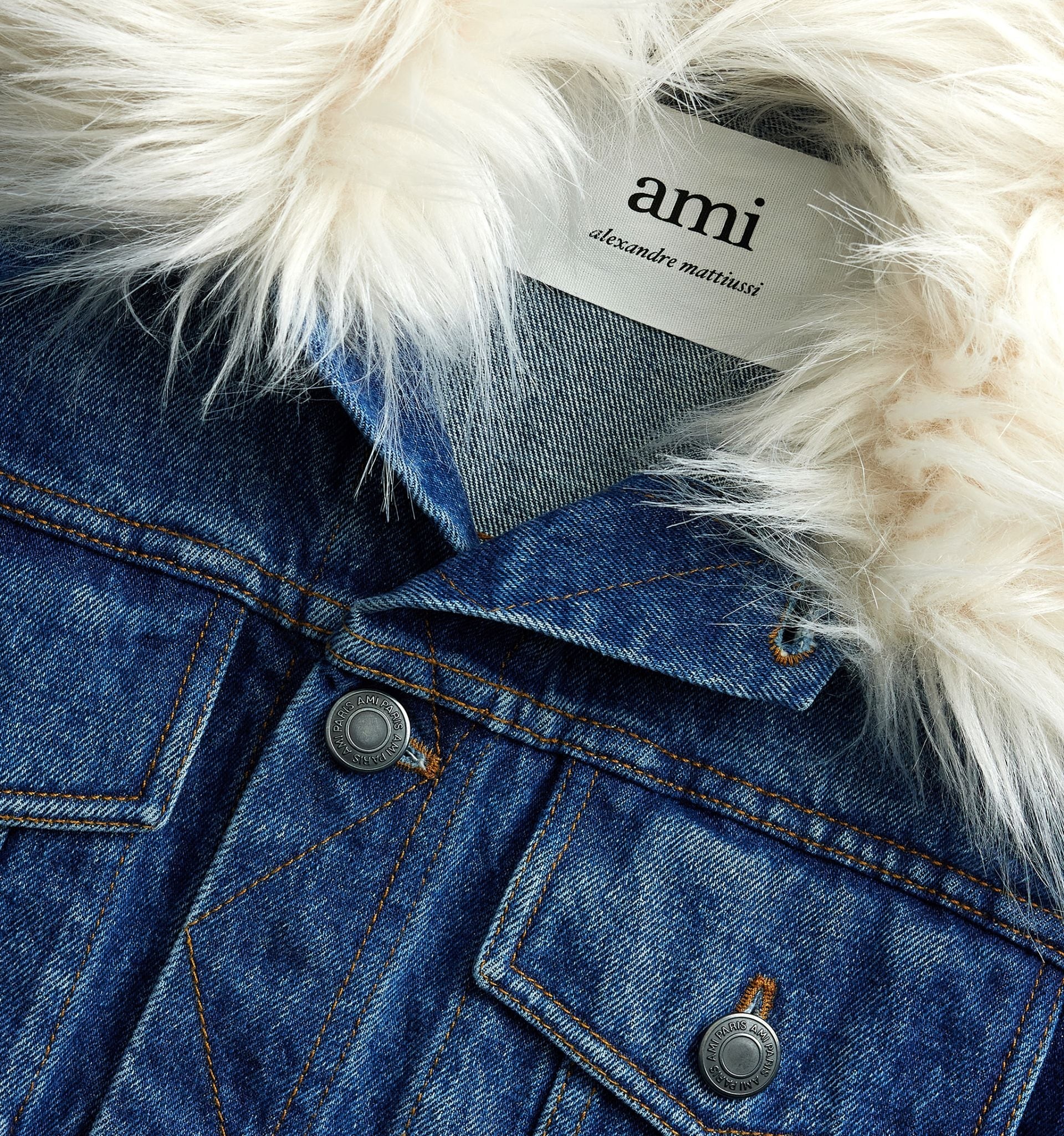 Faux Shearling Trimmed Denim Jacket in Blue - Ami Paris