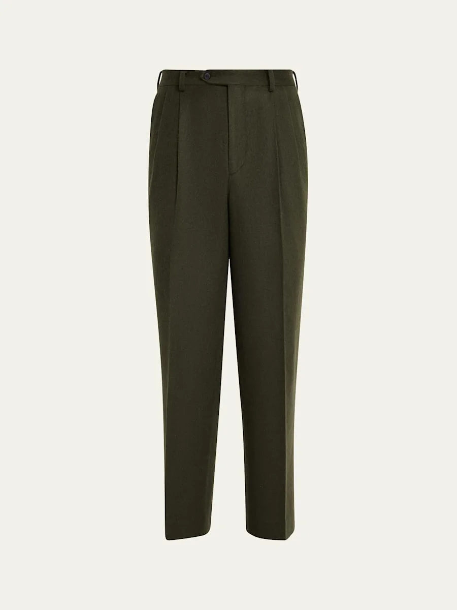 Men's Dark Olive Pleated Wool Trousers - 1