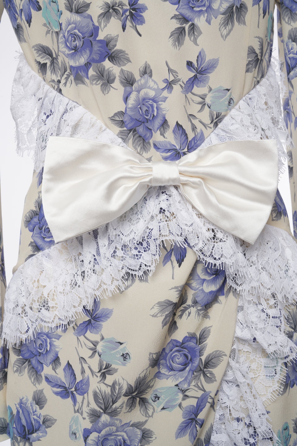 ROSE PRINT SILK DRESS WITH LACE RUFFLE AND BOW - 3