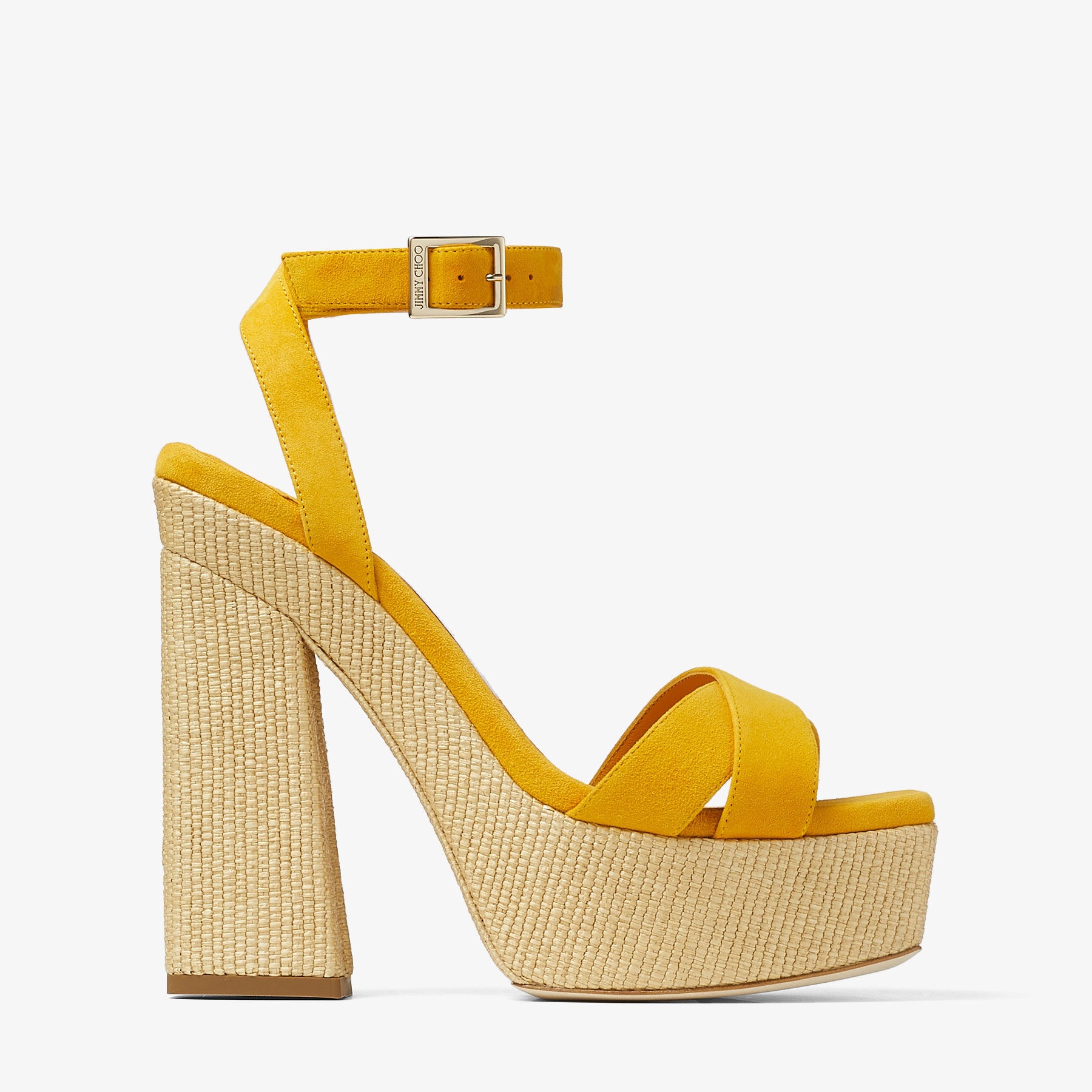 サンダル・ミュール JIMMY CHOO GAIA140 SUEDE W RAFFIA PLATFORM SANDAL JIMMY CHOO Gaia 140 Tan Suede and Natural Raffia Platform