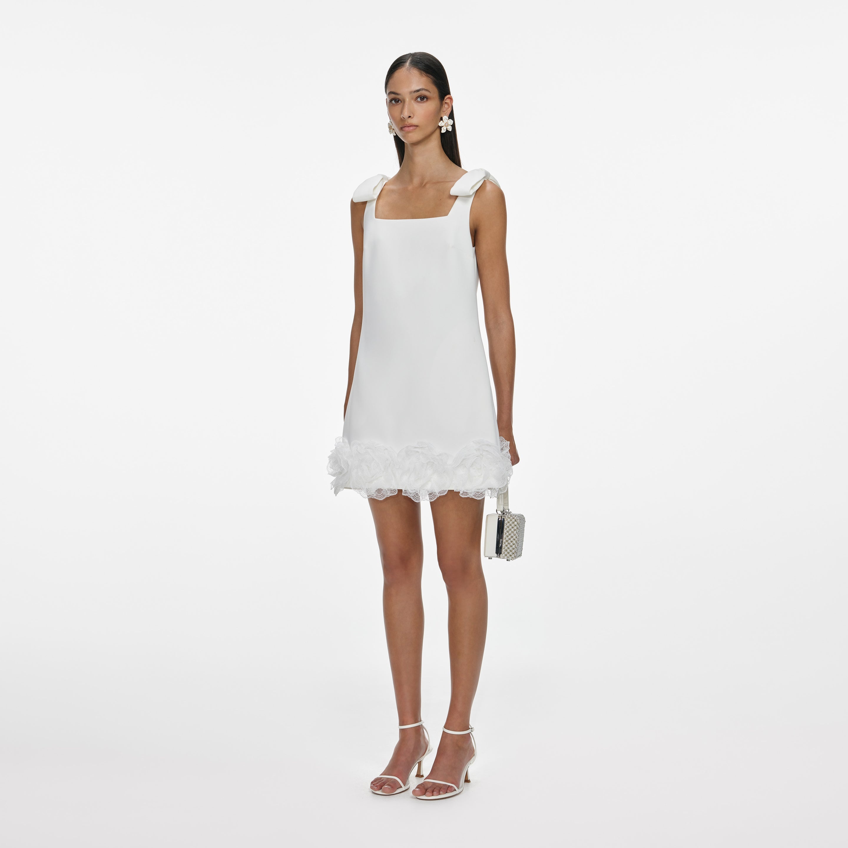 White Crepe 3D Flower Mini Dress - 2