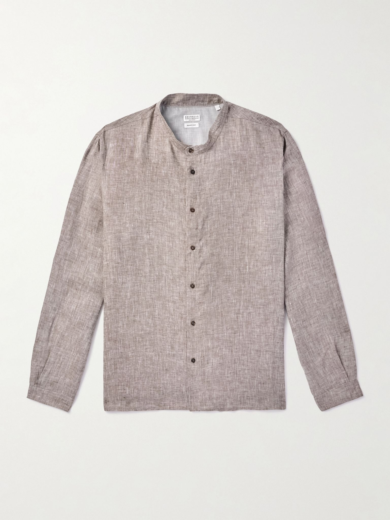 Grandad-Collar Linen Shirt Brown - 1