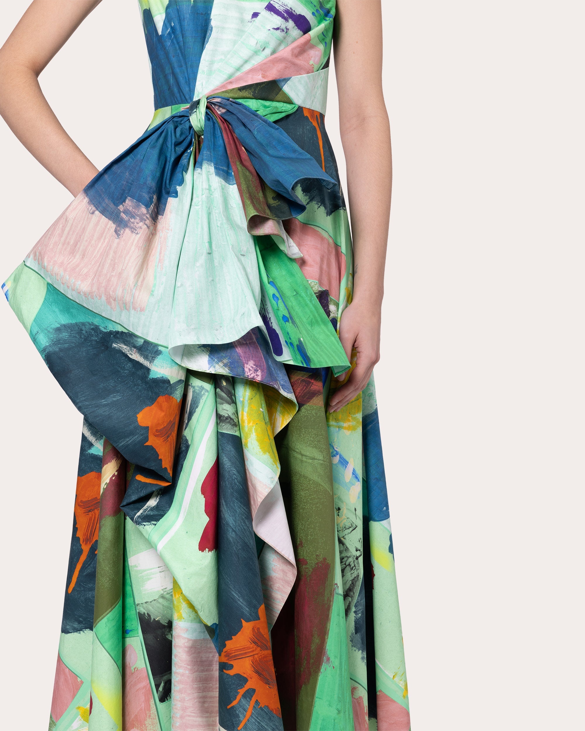 Nura Abstract Cotton Pleated Bow Midi Dress - 3