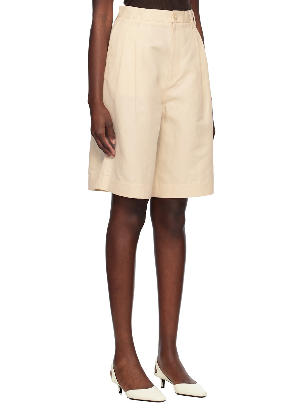 Beige Pleated Shorts - 2