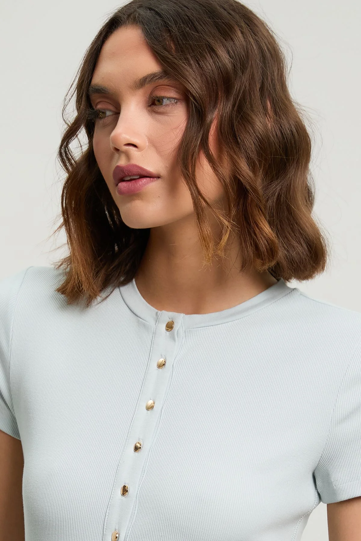 Viscose Rib Button Up Crew Neck Tshirt - 1