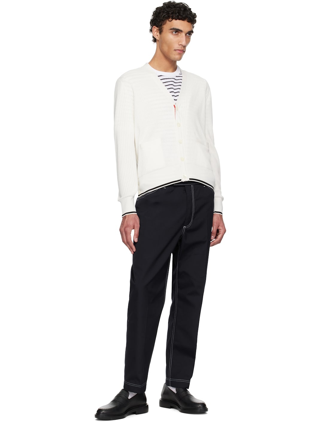 Off-White Half & Half Textured Stitch Relaxed Fit V Neck Cardigan - 4