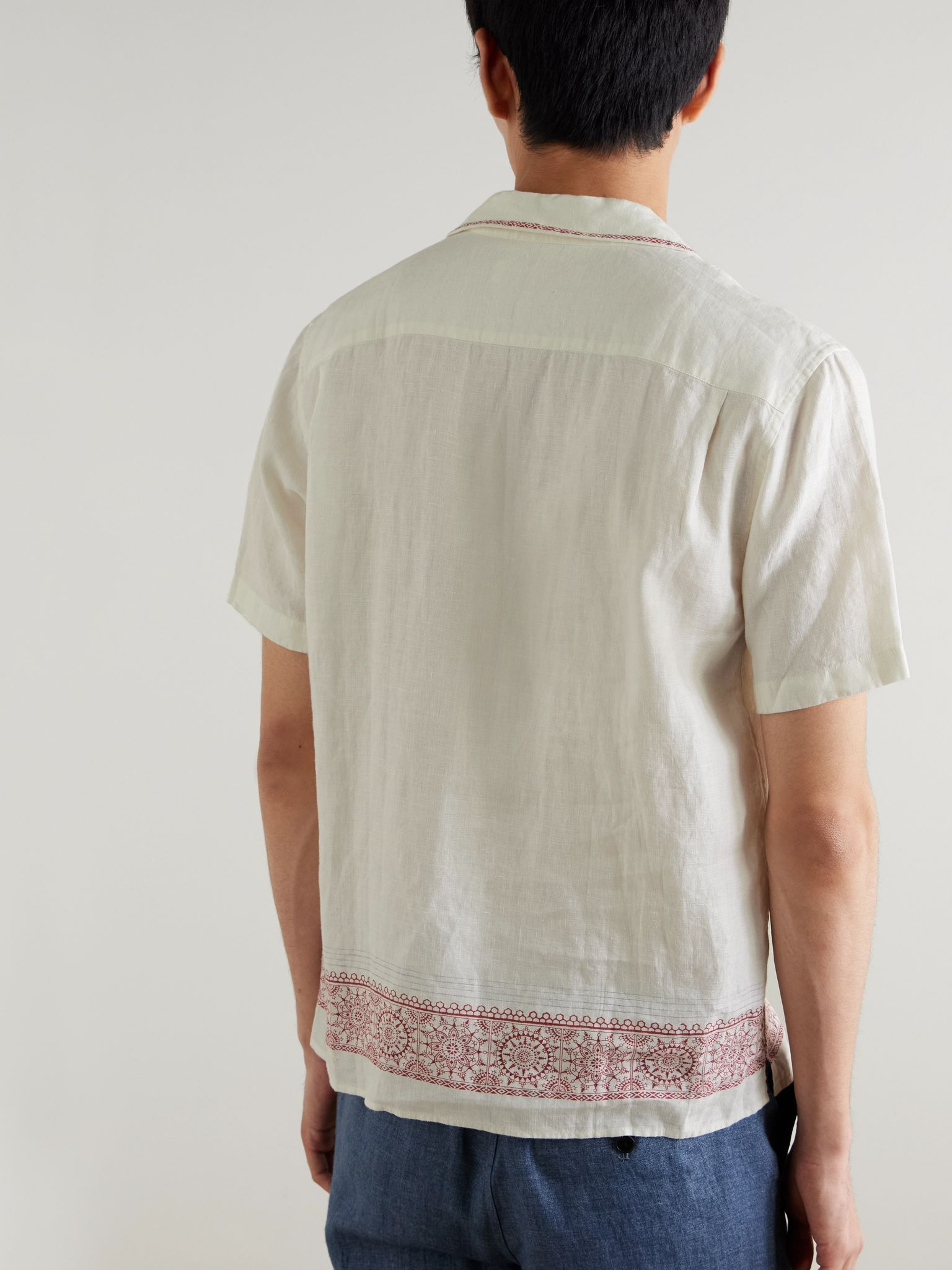 Maitan Camp-Collar Printed Linen Shirt Cream - 3