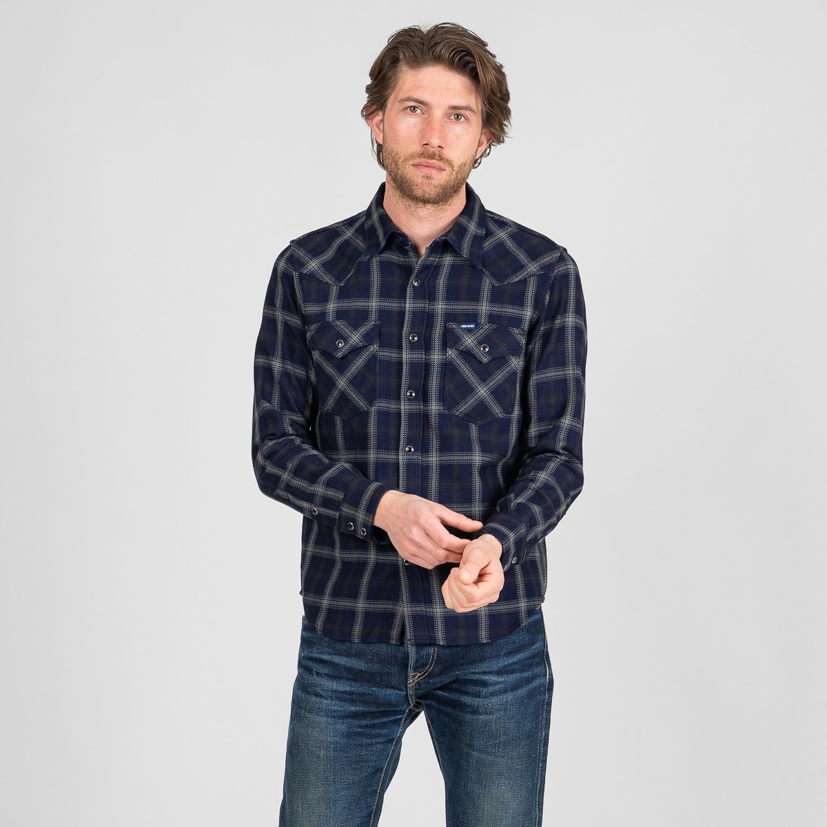 IHSH-411-BLK 9oz Selvedge Indigo Check Flannel Western Shirt - Black - 2