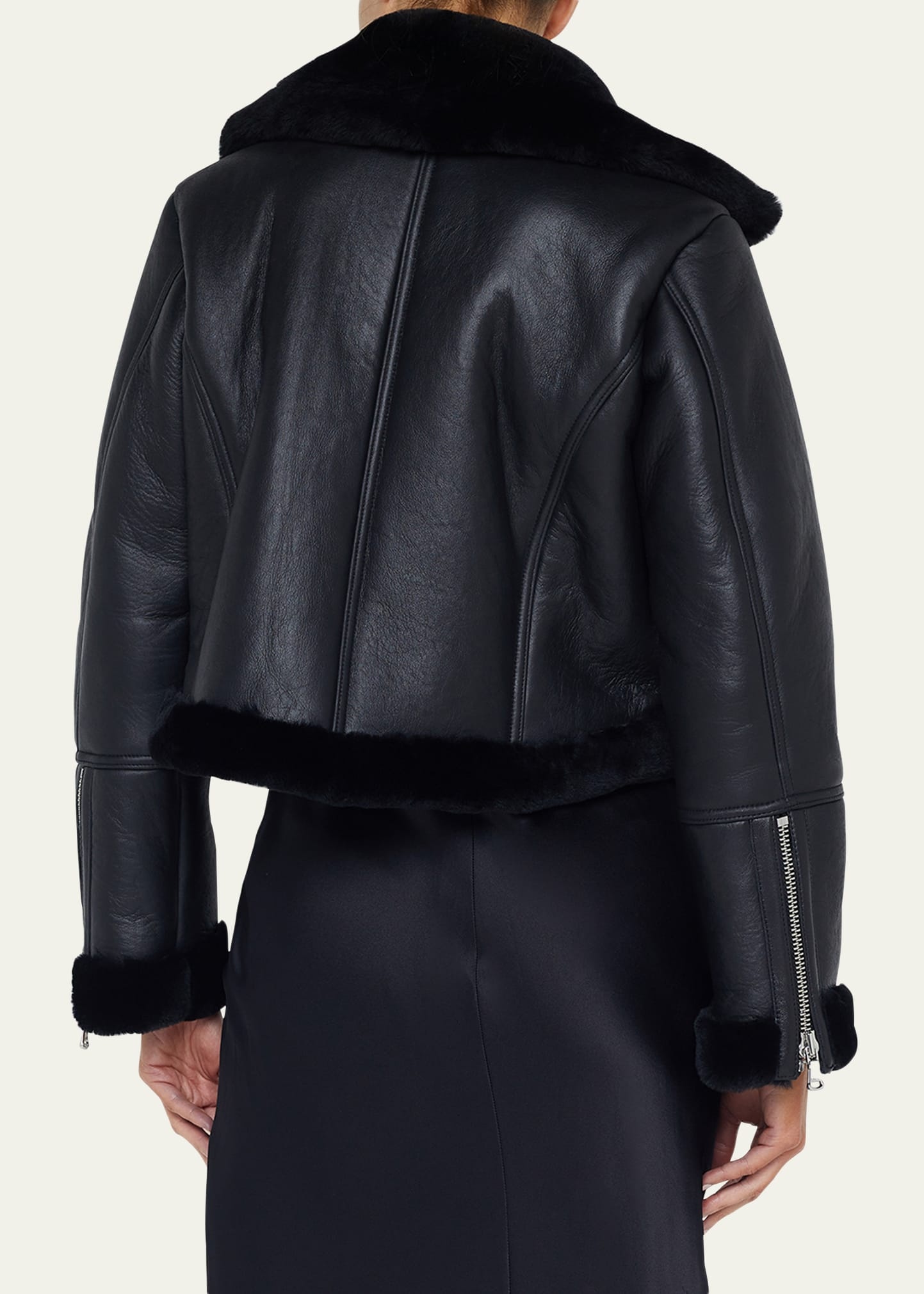 Pike Cropped Lambskin Leather Jacket with Shearling Trim - 3