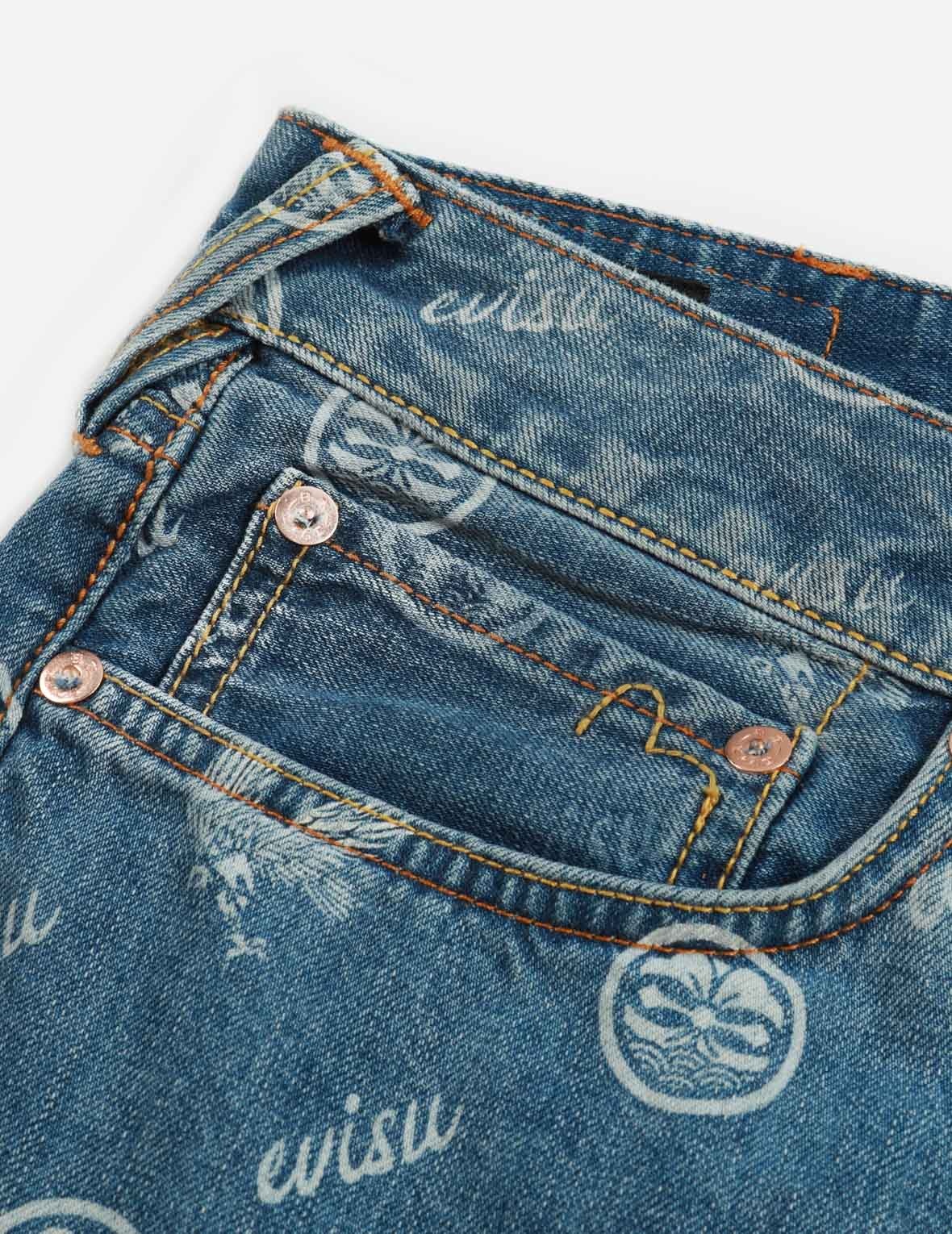 ALLOVER KAMON AND EAGLE PRINT DENIM SHORTS - 11