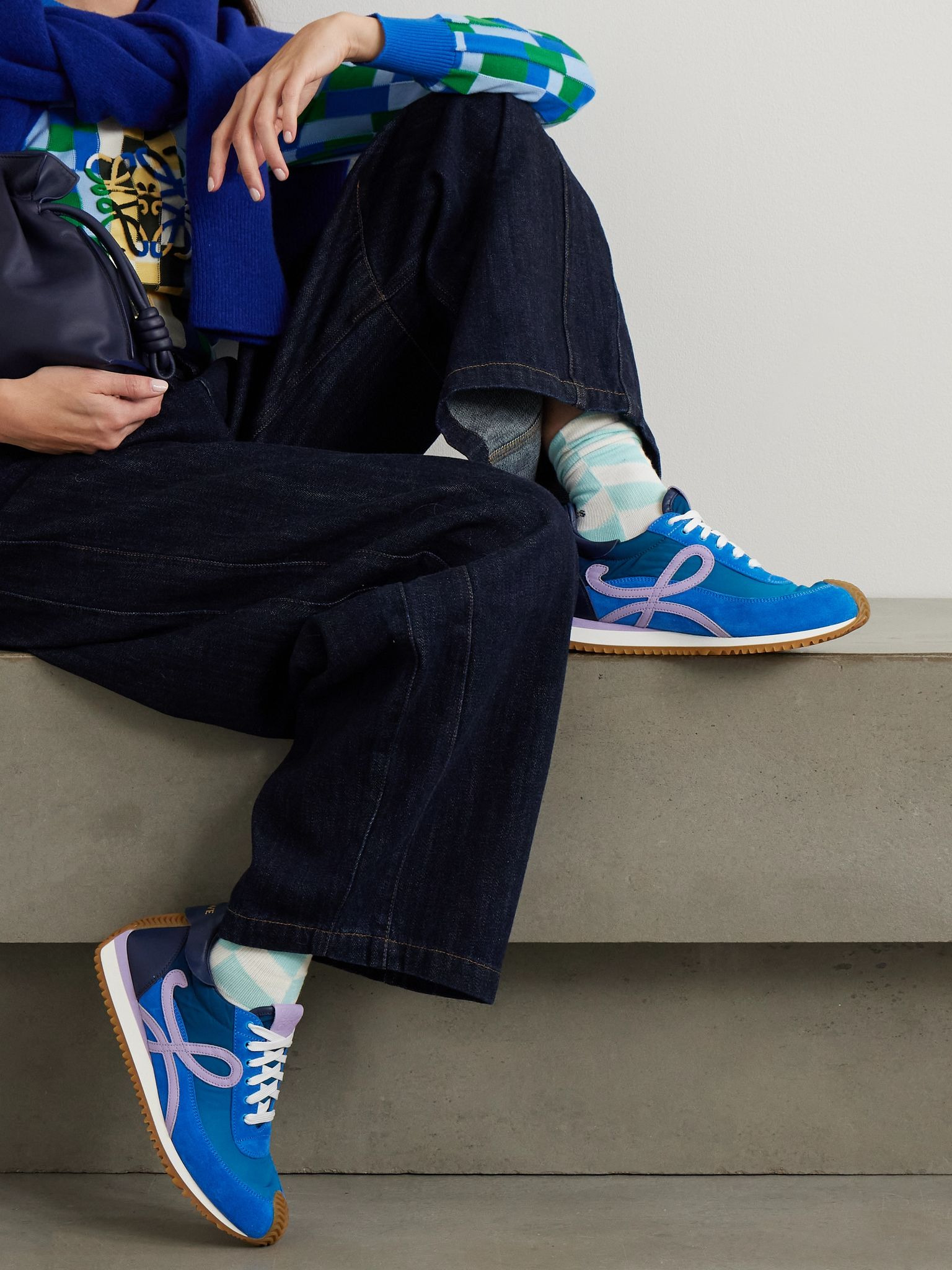 Flow Runner 2.0 leather-trimmed shell and suede sneakers Bright blue - 2