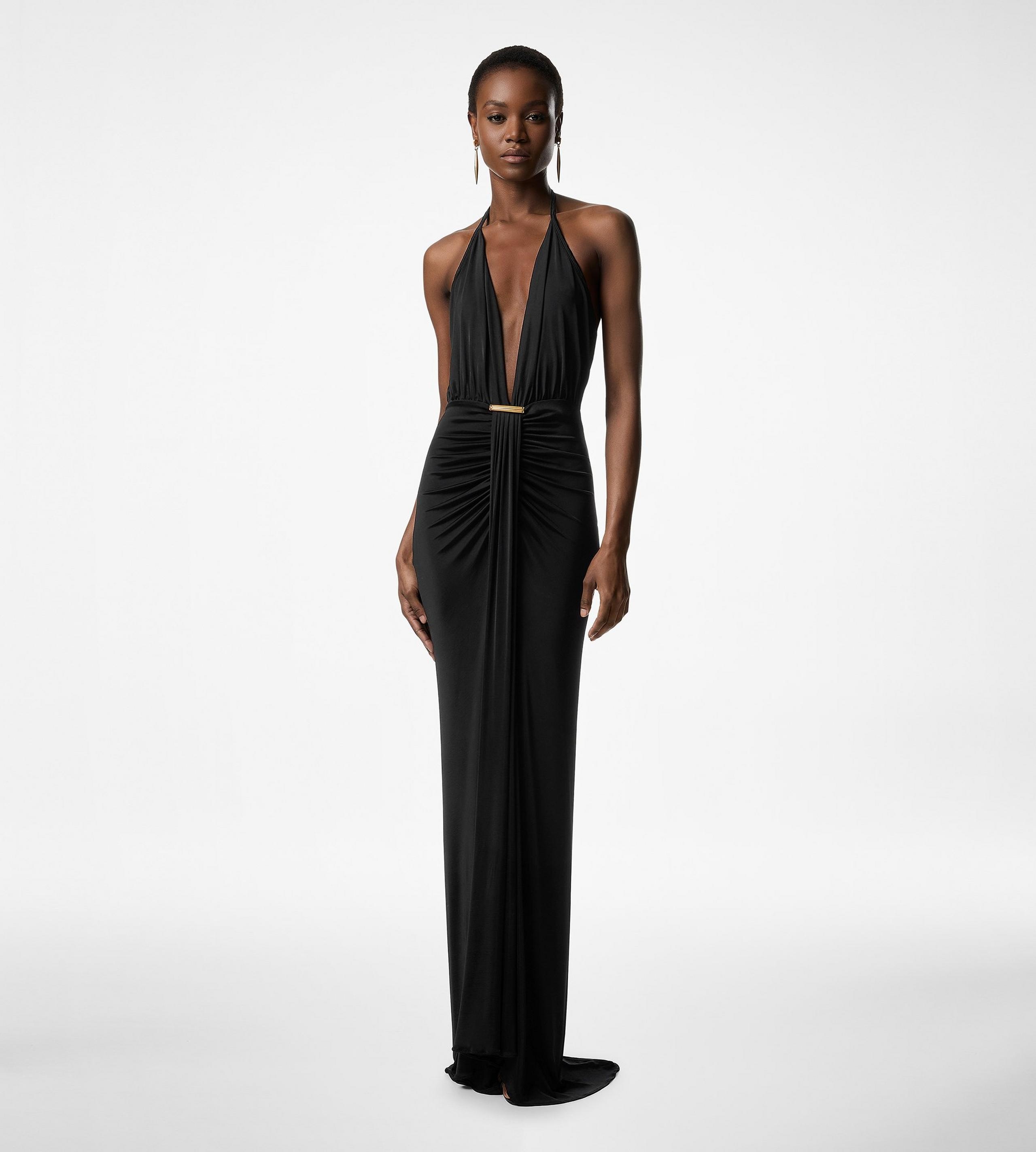 V-NECK EVENING DRESS WITH DRAPED WATERFALL DETAIL - 3